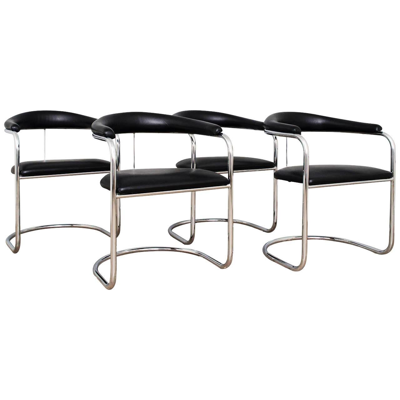 Set of Four Black Anton Lorenz for Thonet Chrome Chairs For Sale
