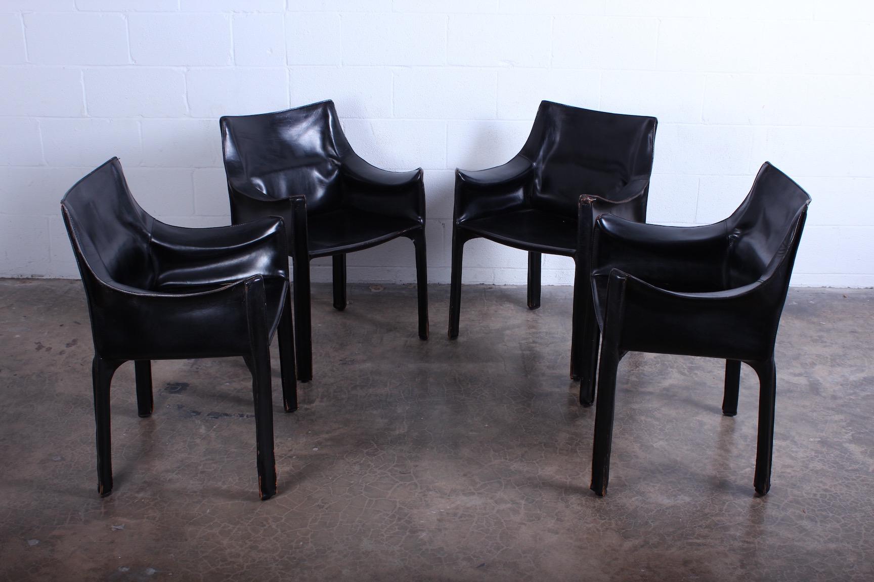 Leather Set of Four Black Cab Armchairs by Mario Bellini for Cassina