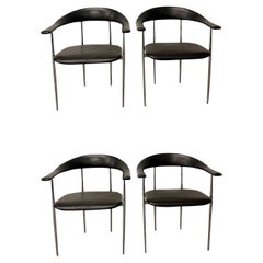 Set of Four Black & Chrome Italian Dining, Arm, Side Chairs, 1970s