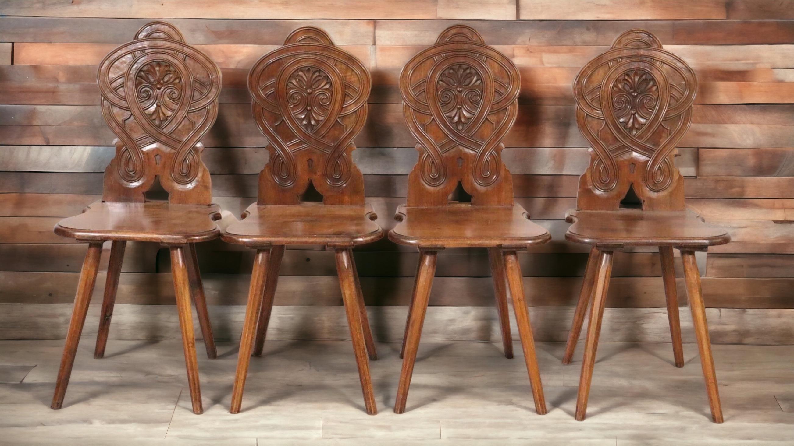 Set of Four Black Forest Carved Tavern Bavarian Inn Chairs, 1890s For Sale 9