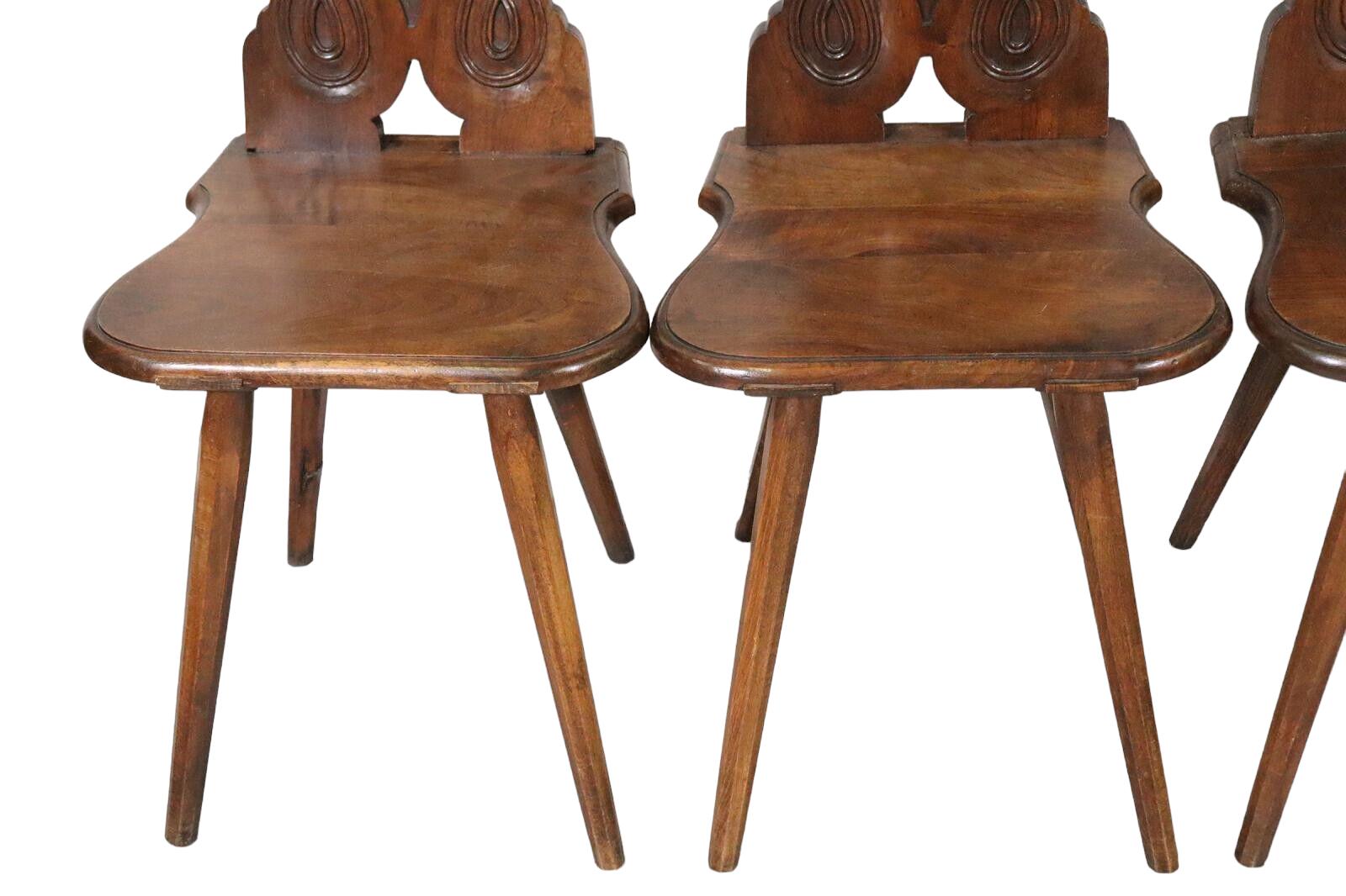 Spanish Set of Four Black Forest Carved Tavern Bavarian Inn Chairs, 1890s For Sale