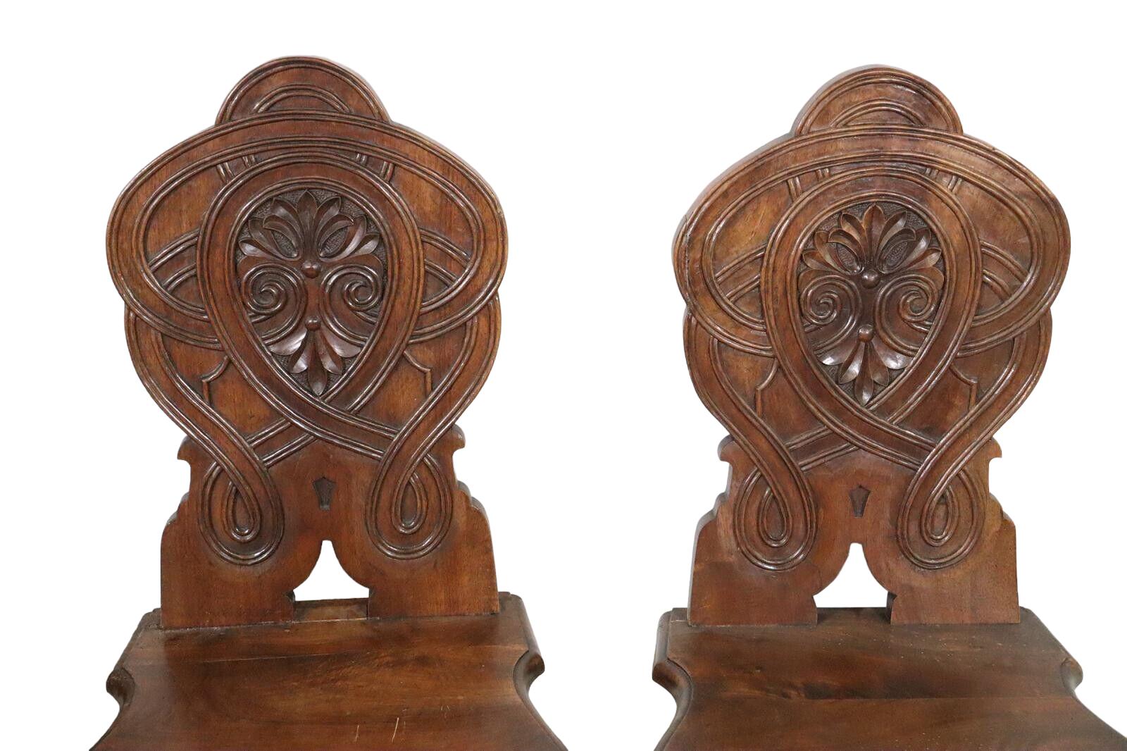 Hand-Crafted Set of Four Black Forest Carved Tavern Bavarian Inn Chairs, 1890s For Sale