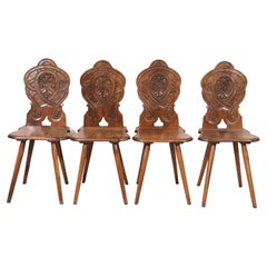 Set of Four Black Forest Carved Tavern Bavarian Inn Chairs, 1890s