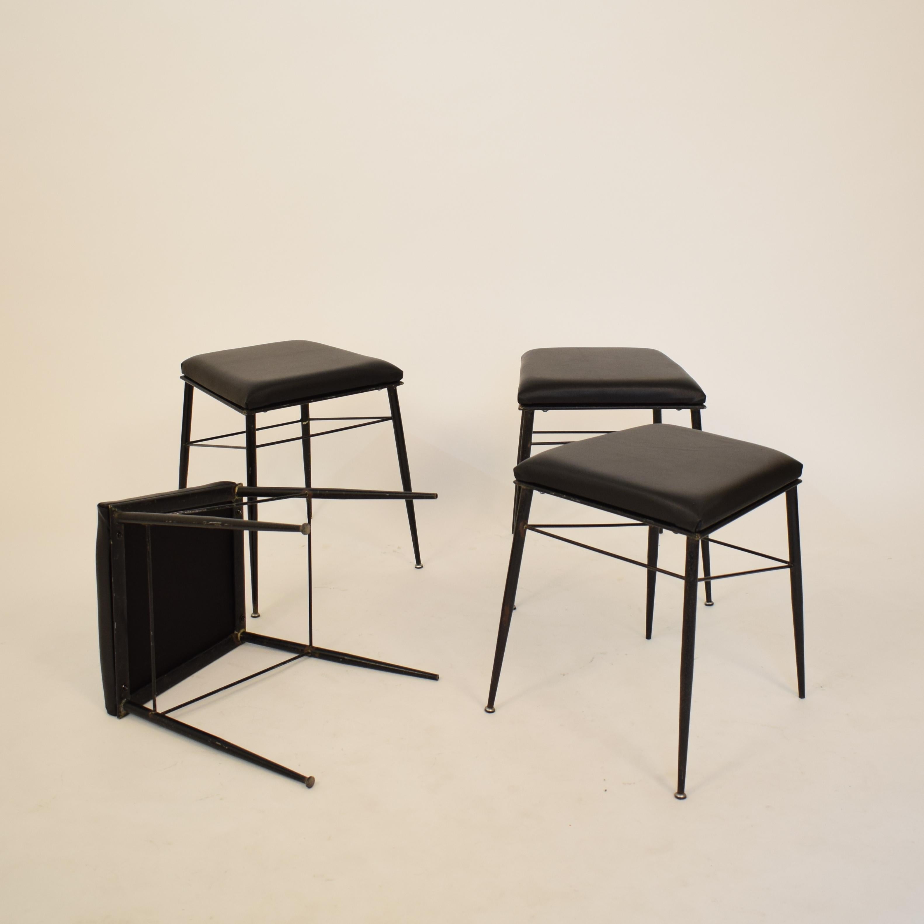 Lacquered Set of Four Black Italian Midcentury Metal and Leather Stools, circa 1950