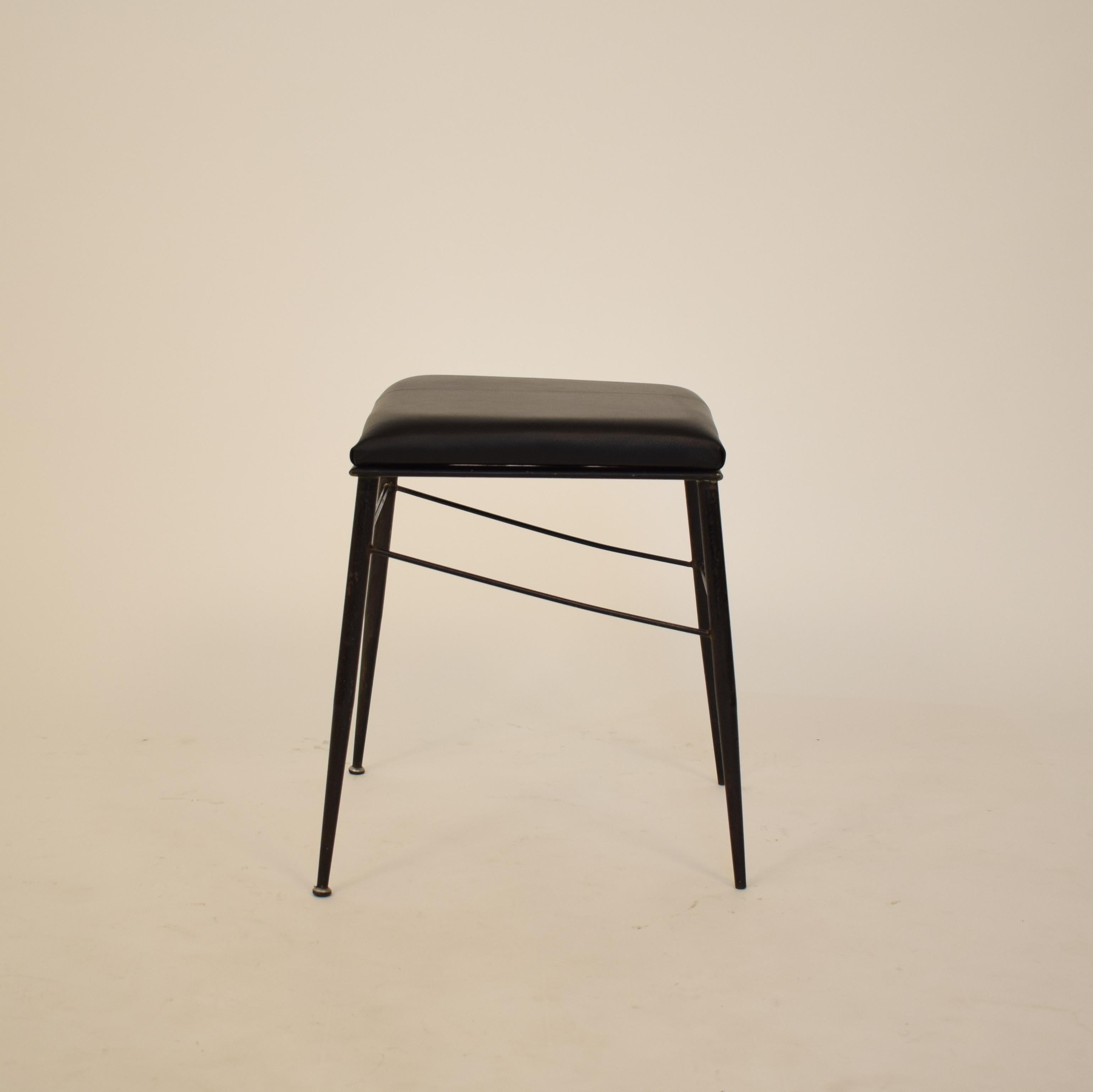 Set of Four Black Italian Midcentury Metal and Leather Stools, circa 1950 2