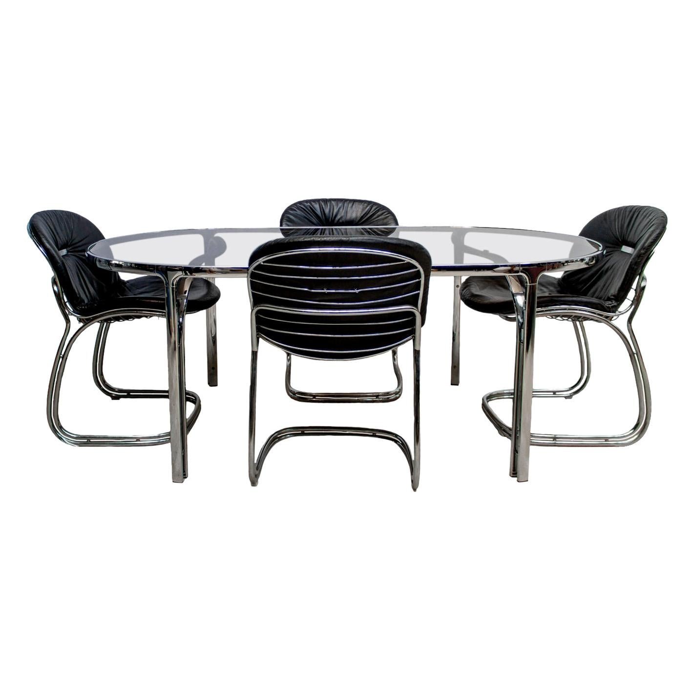 Set of Four Black Italian Sabrina Chairs and Glass Table by Gastone Rinaldi