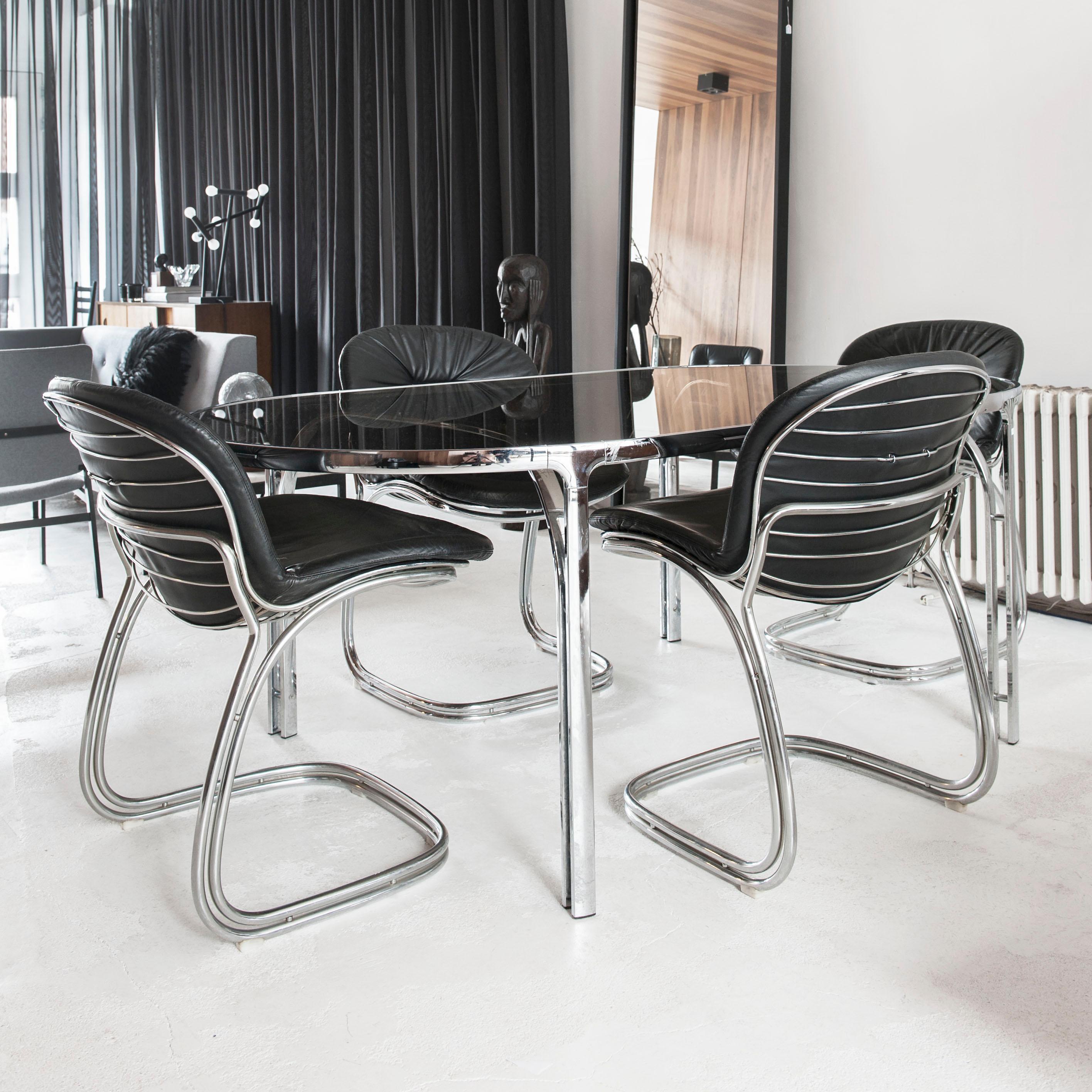 Set of Four Black Italian Sabrina Chairs & Glass Table, Gastone Rinaldi for Rima 1