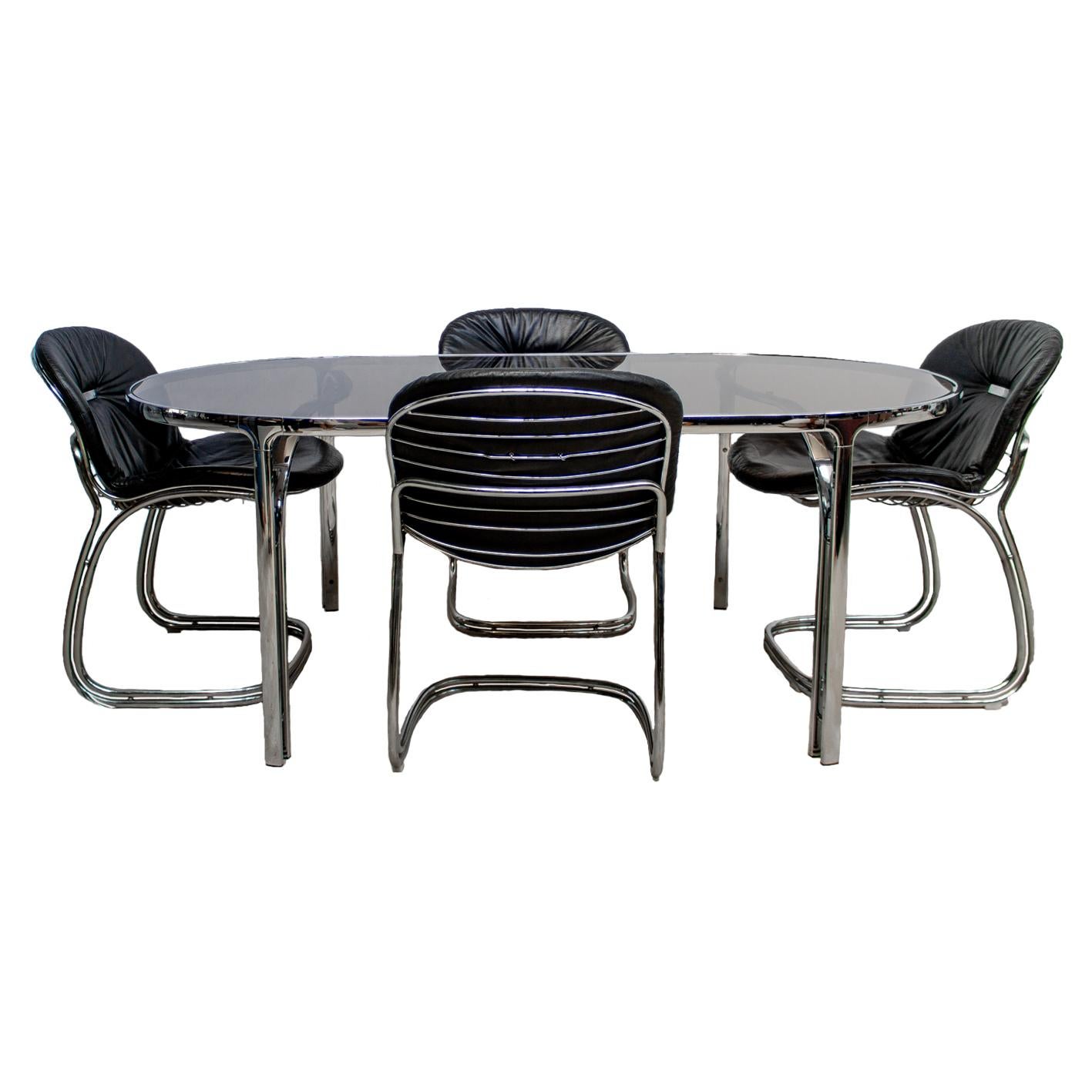 Set of Four Black Italian Sabrina Chairs & Glass Table, Gastone Rinaldi for Rima