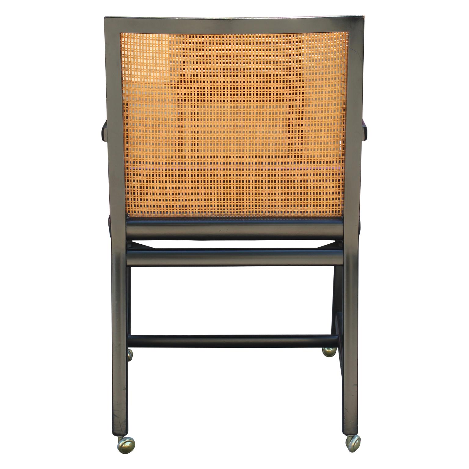 Mid-Century Modern Set of Four Black Lacquer Cane Back Dining Chairs by Michael Taylor for Baker