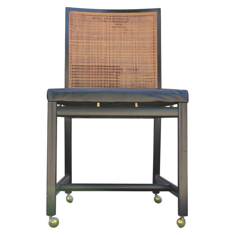 Set of Four Black Lacquer Cane Back Dining Chairs by Michael Taylor for