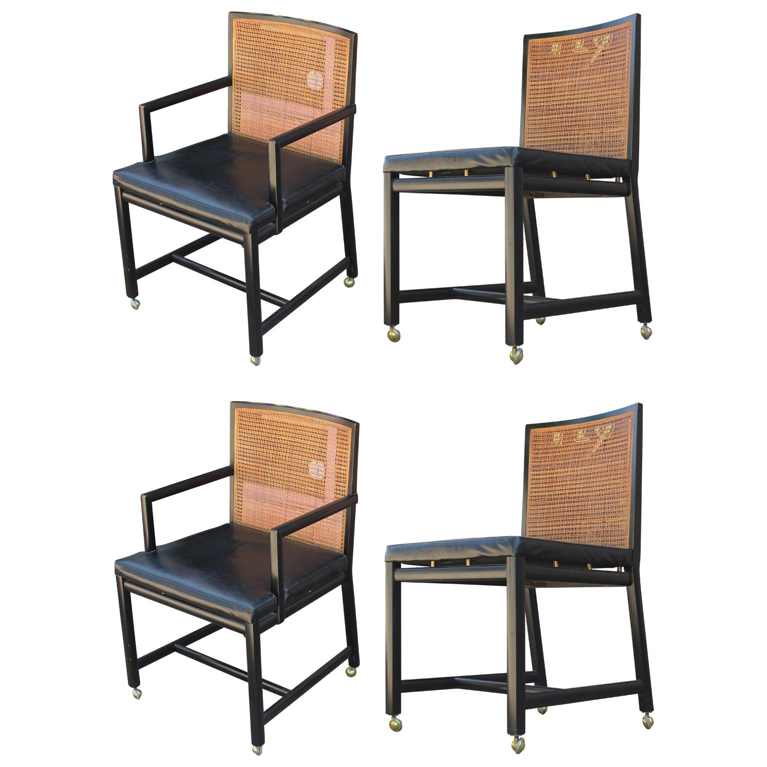 Set of Four Black Lacquer Cane Back Dining Chairs by Michael Taylor for Baker 