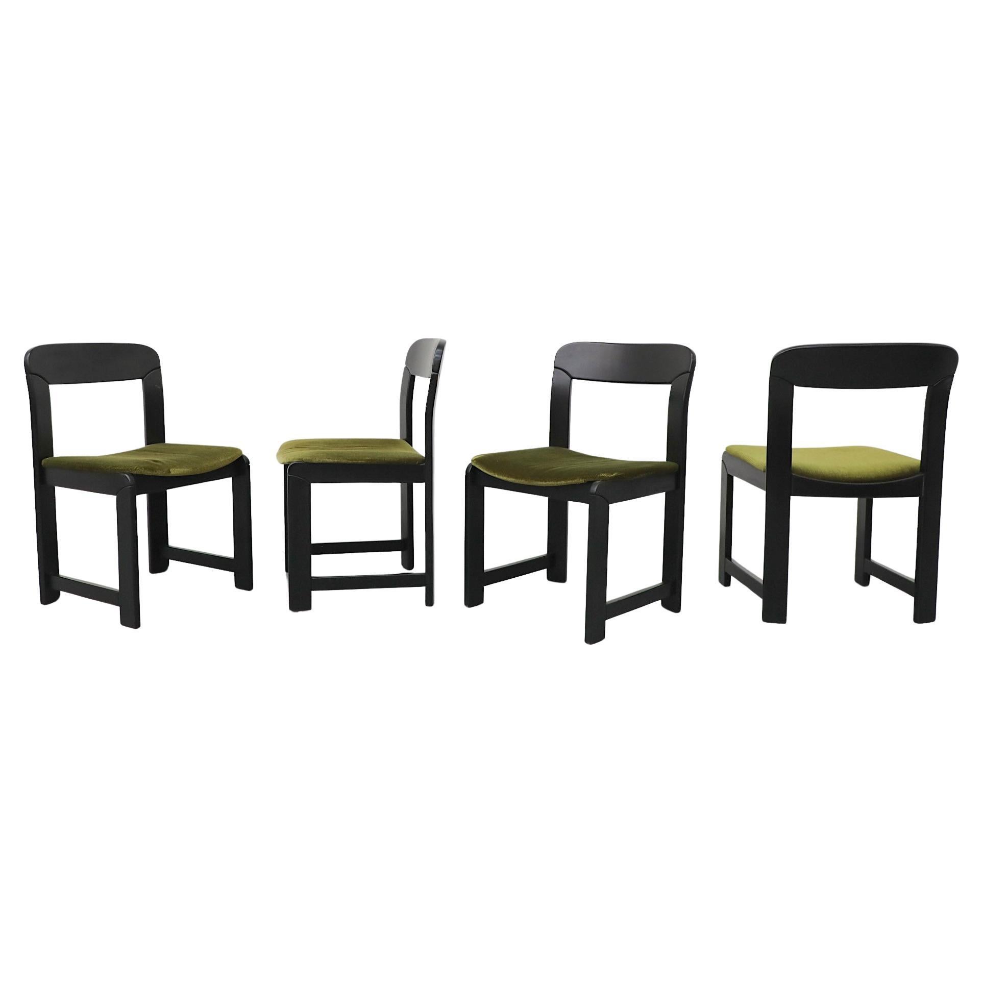 Set of Four Black Lacquer & Green Rizzo Style Dining Chairs