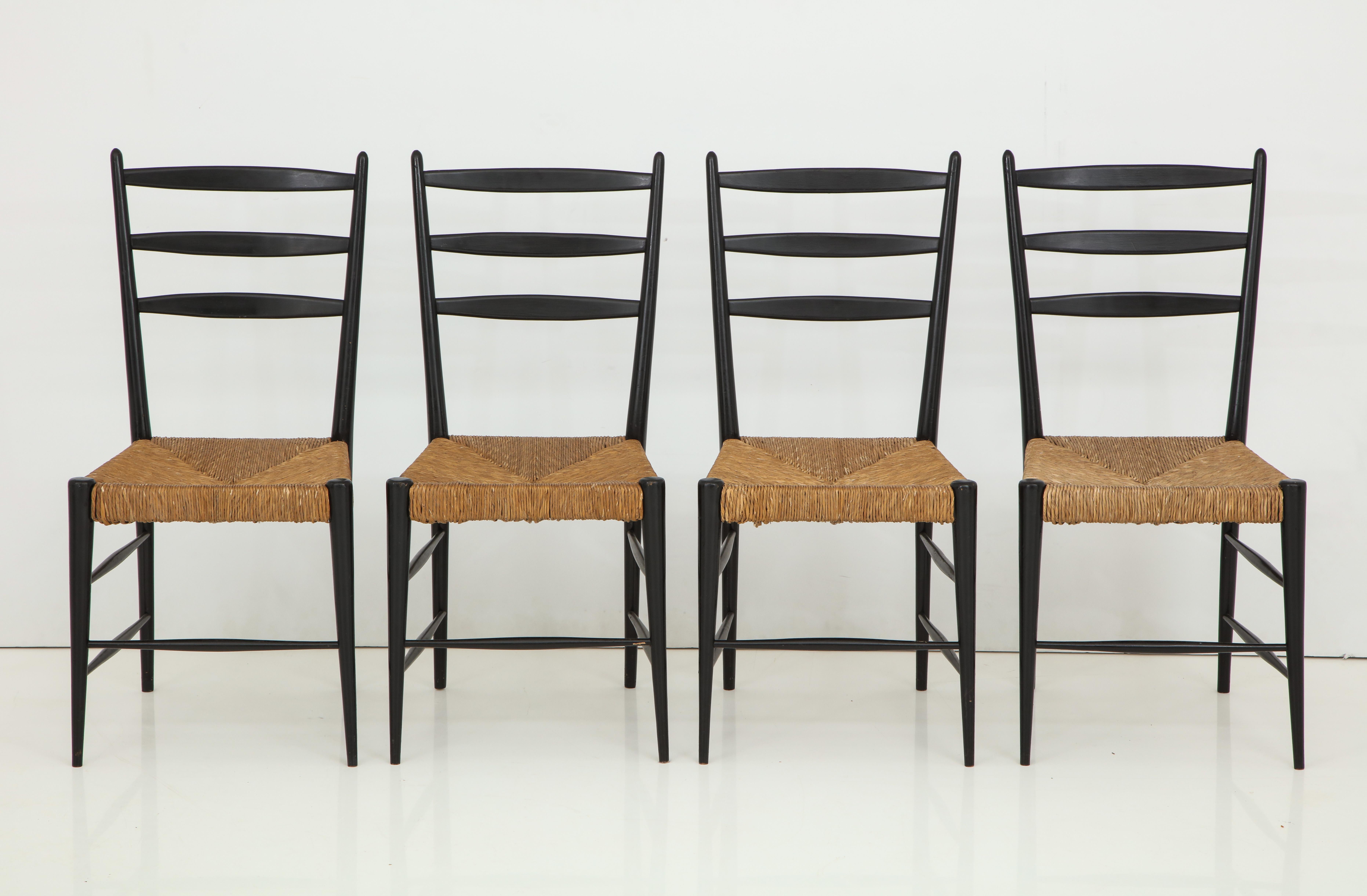 Set of Four Black Lacquer & Rattan Chairs In Good Condition For Sale In Mt. Kisco, NY