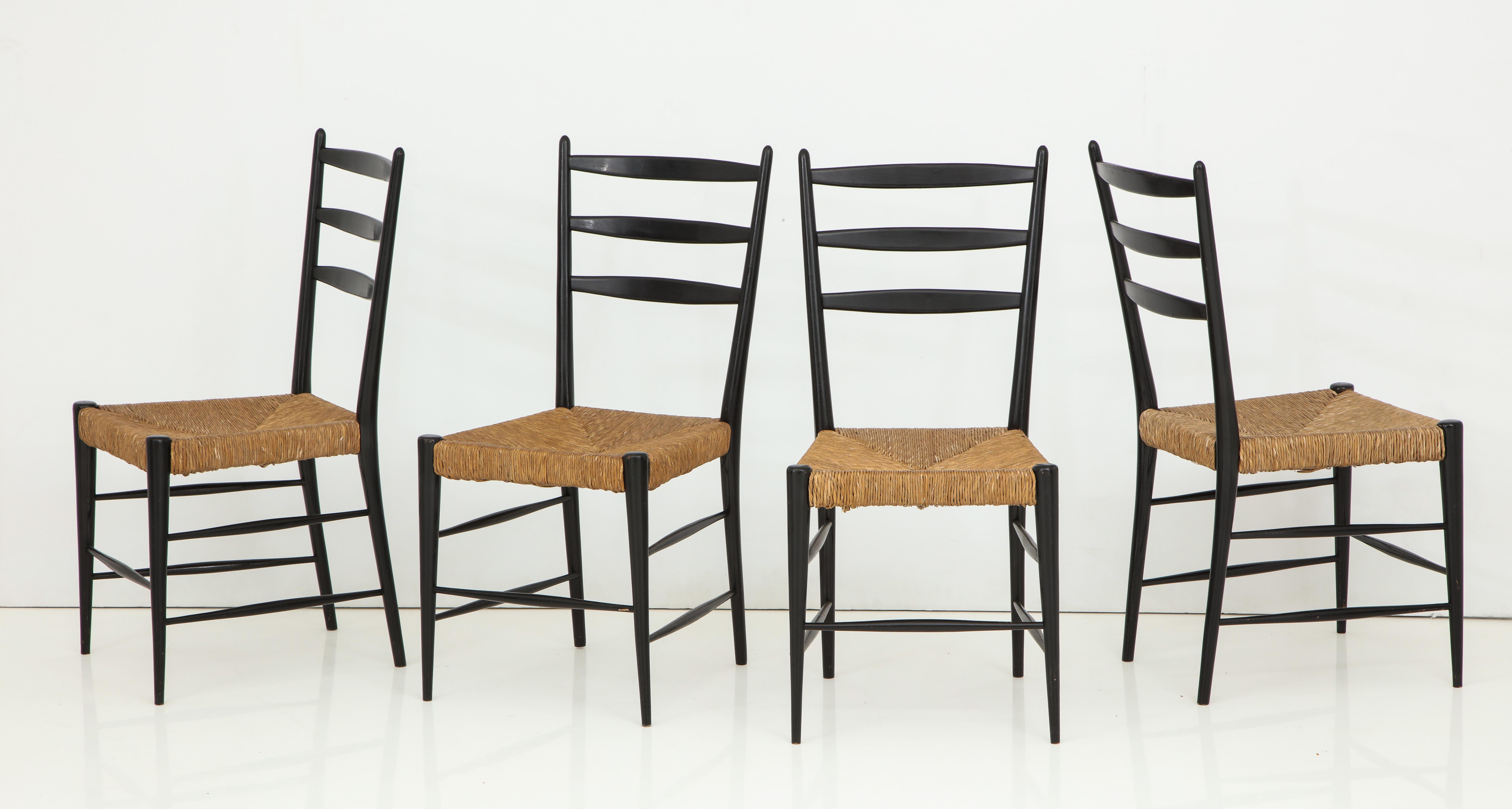 20th Century Set of Four Black Lacquer & Rattan Chairs For Sale