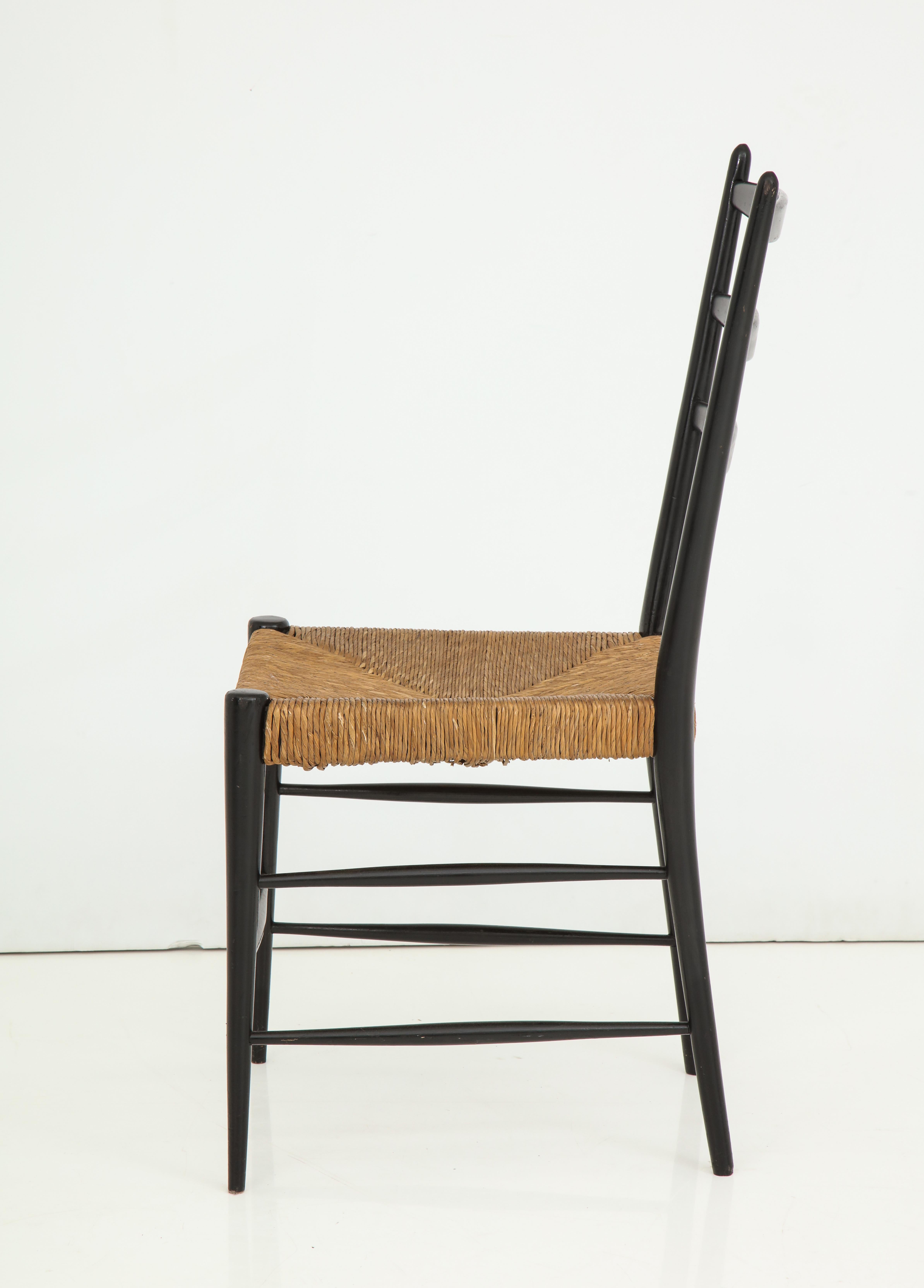 Set of Four Black Lacquer & Rattan Chairs For Sale 1