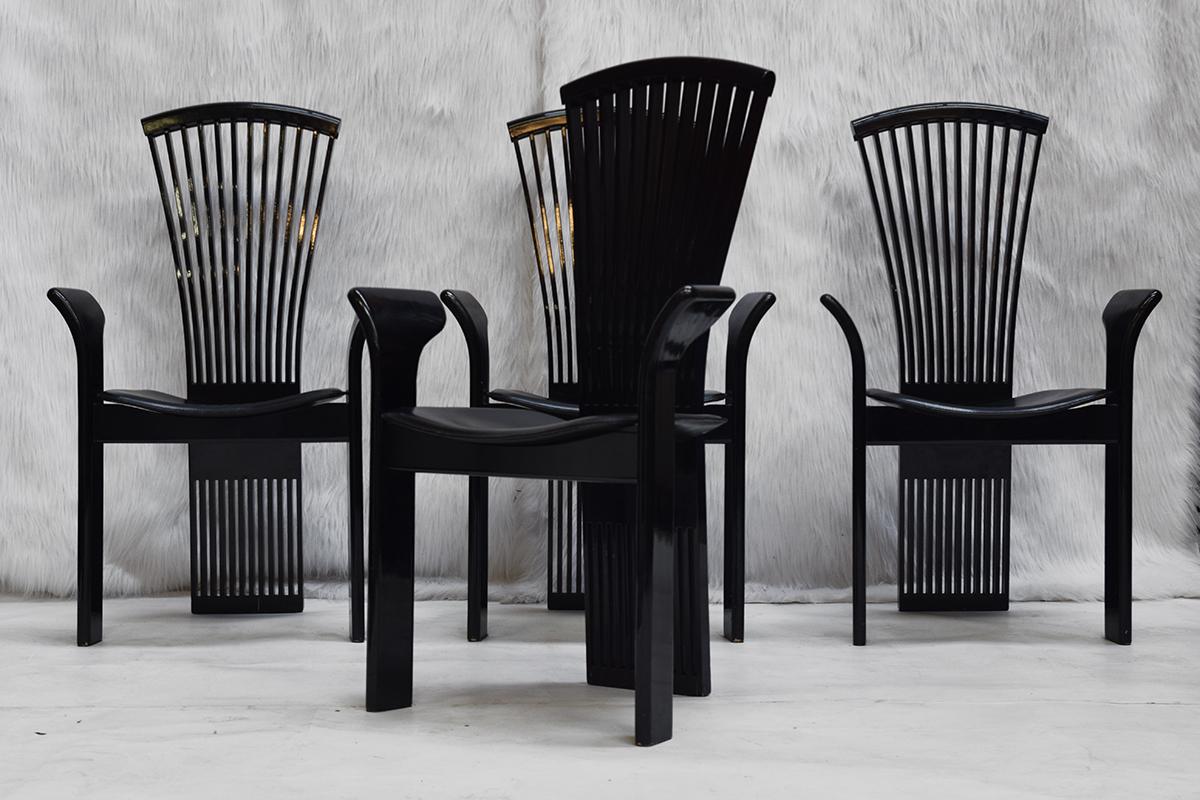 Late 20th Century Set of Four Black Lacquered Dining Chairs by Pietro Costantini, Italy, 1980s For Sale