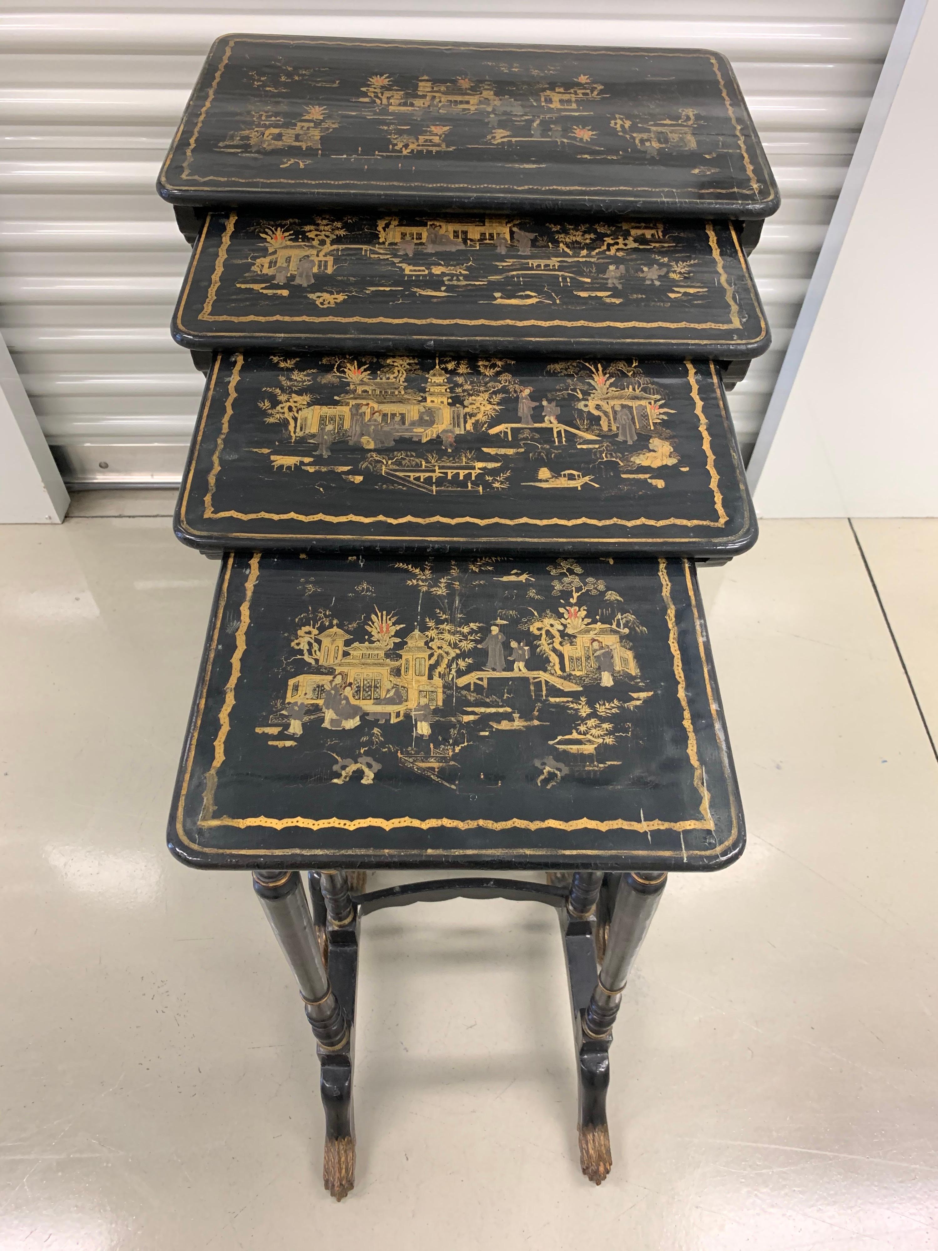 Set of Four Black Lacquered Japanned Chinoiserie Nesting Tables 5