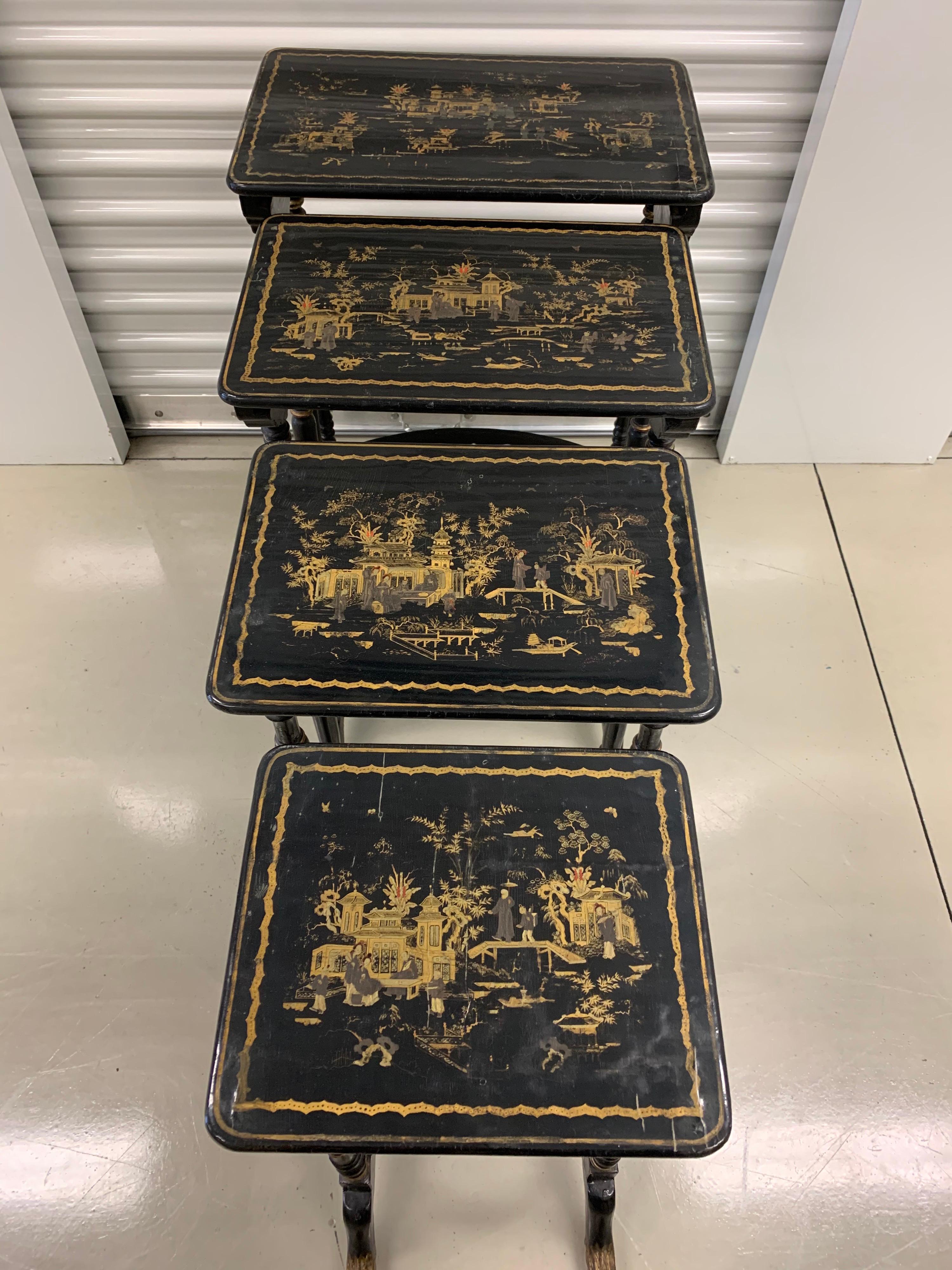 19th Century Set of Four Black Lacquered Japanned Chinoiserie Nesting Tables