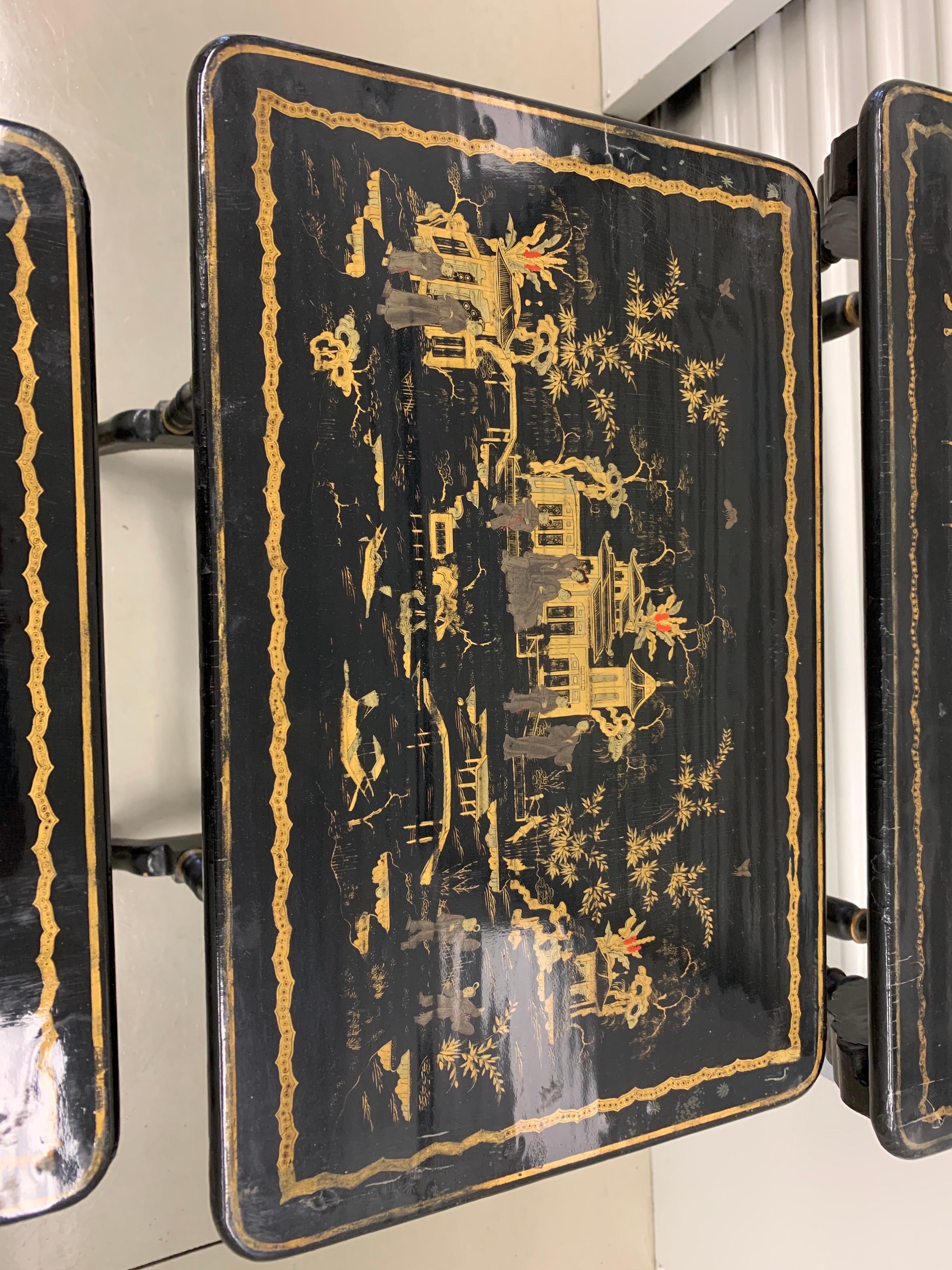 Wood Set of Four Black Lacquered Japanned Chinoiserie Nesting Tables