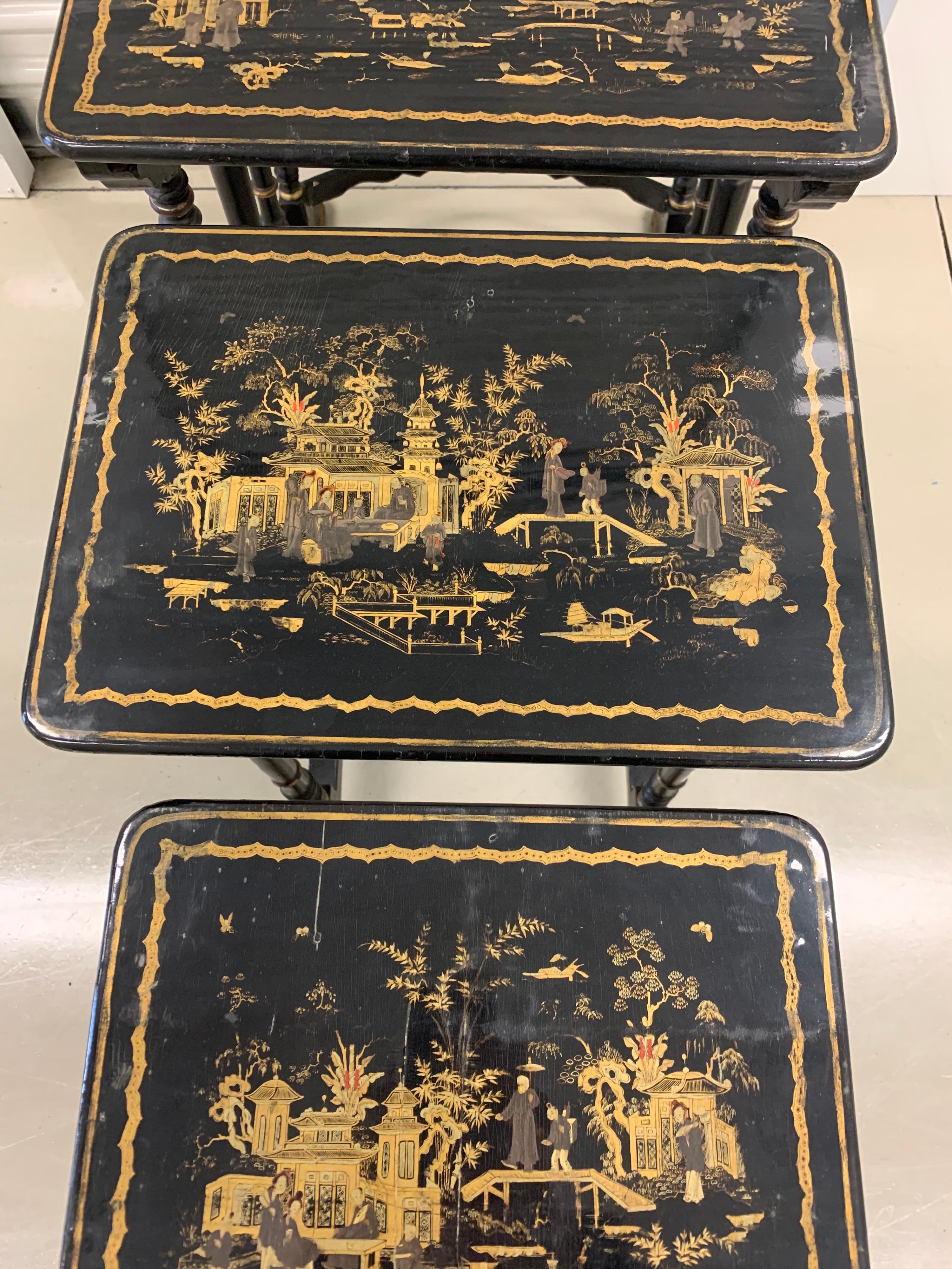 Set of Four Black Lacquered Japanned Chinoiserie Nesting Tables 1