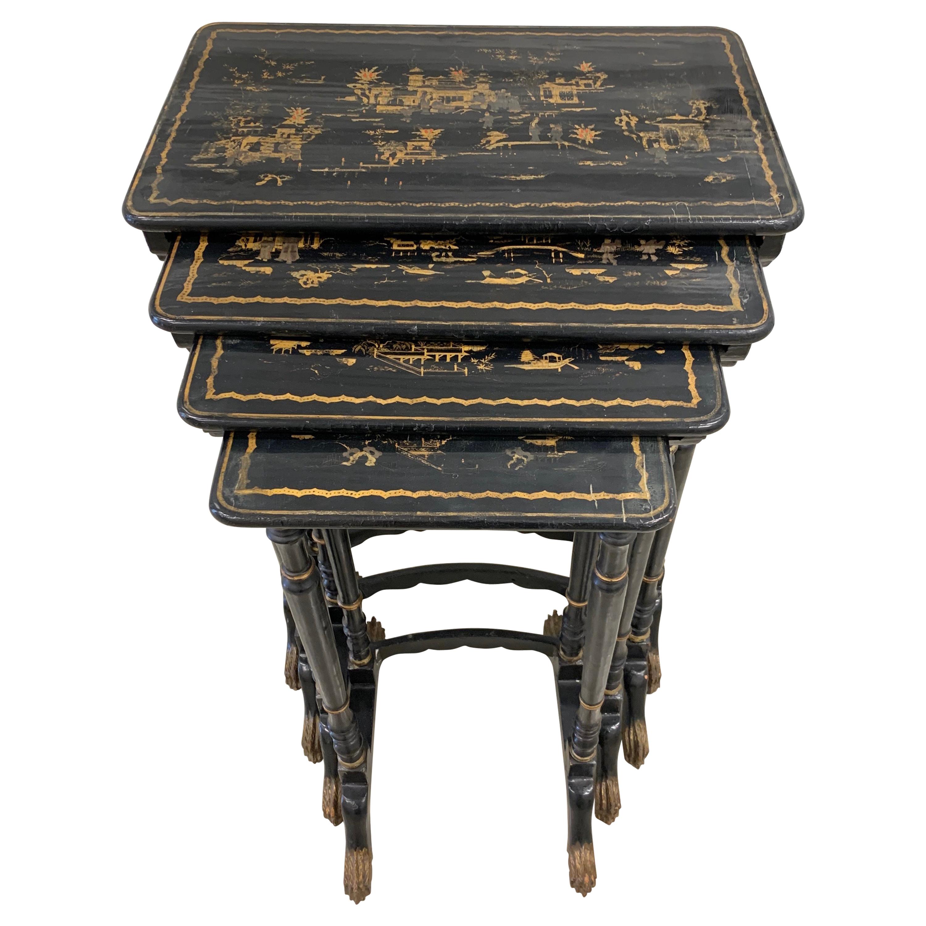 Set of Four Black Lacquered Japanned Chinoiserie Nesting Tables