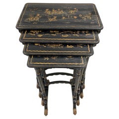 Antique Set of Four Black Lacquered Japanned Chinoiserie Nesting Tables