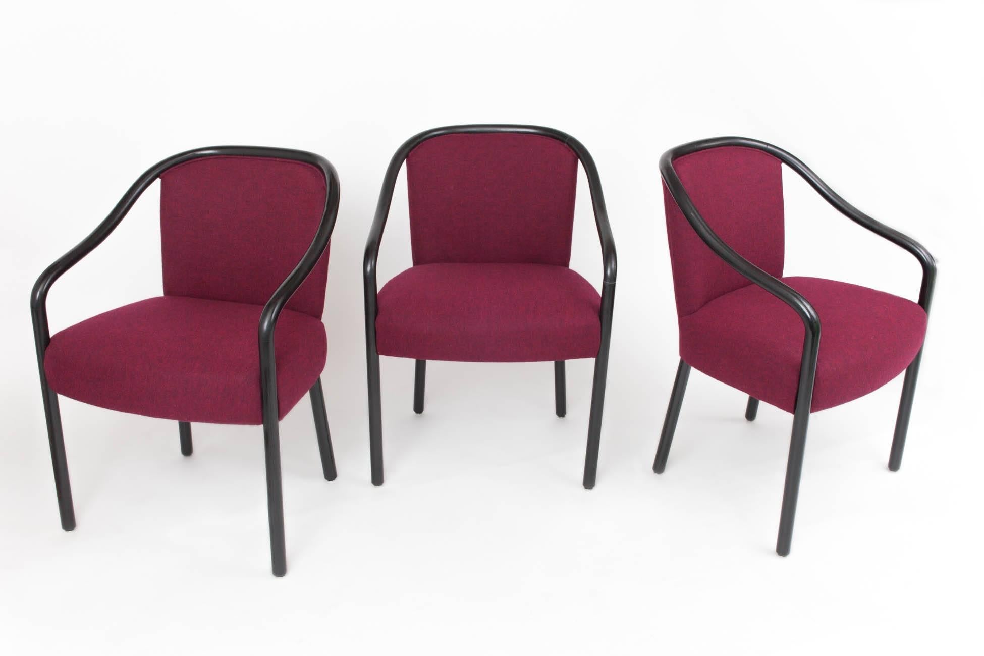 Ward Bennett (1917–2003)

Set of four shapely armchairs by Ward Bennett for Brickel Associates in black lacquered nut wood with burgundy wool upholstery.