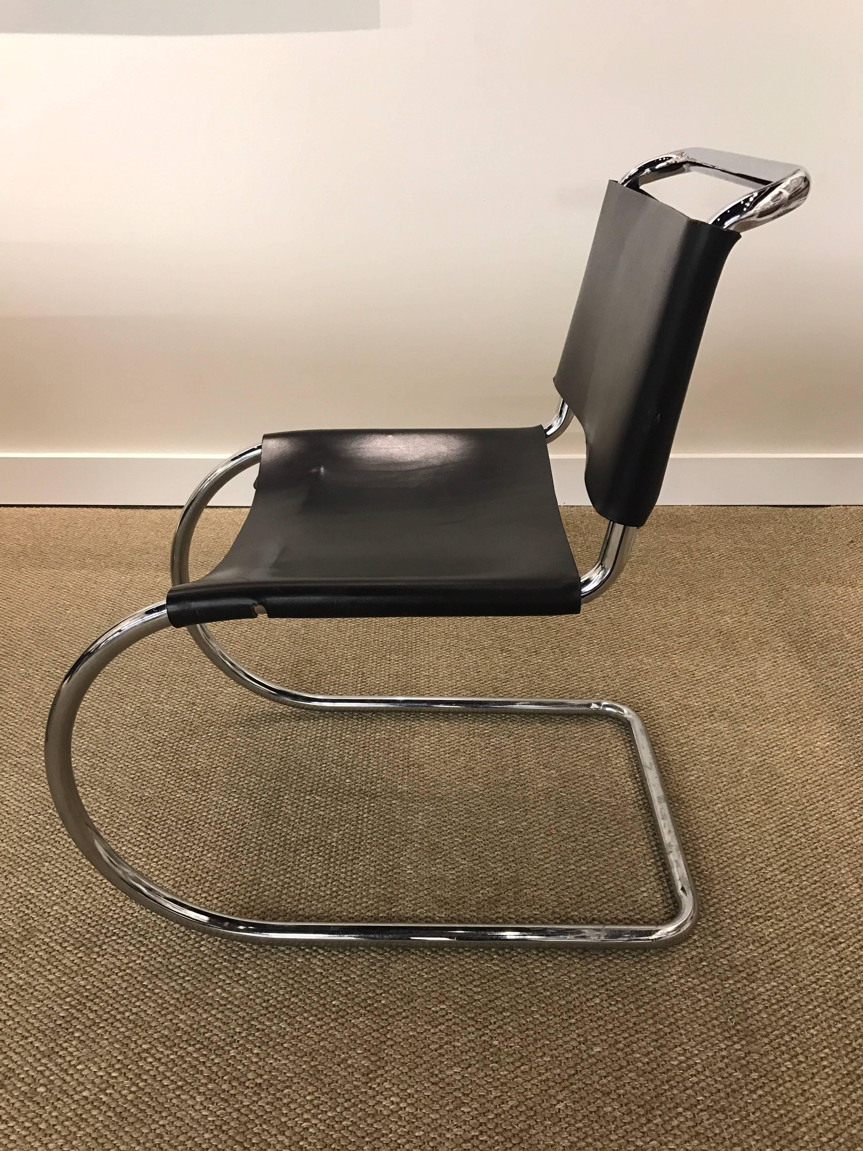 Mid-Century Modern Set of Four Black Leather and Chrome Mies van der Rohe for Knoll Dining Chairs