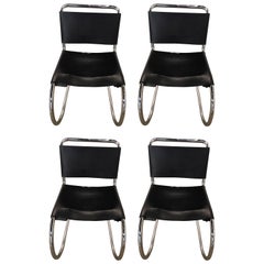 Set of Four Black Leather and Chrome Mies van der Rohe for Knoll Dining Chairs
