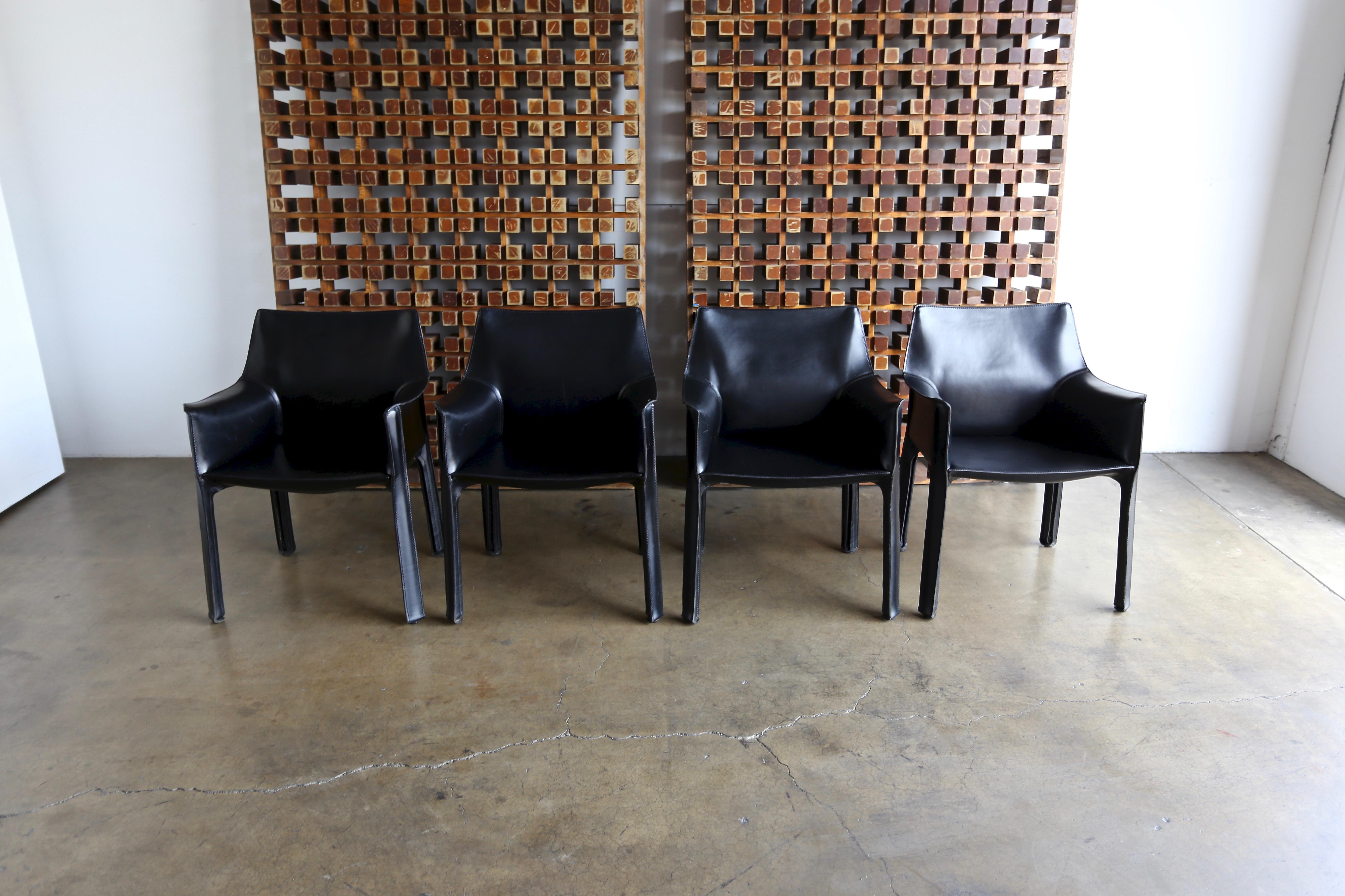 Modern Set of Four Black Leather Cab Armchairs by Mario Bellini for Cassina