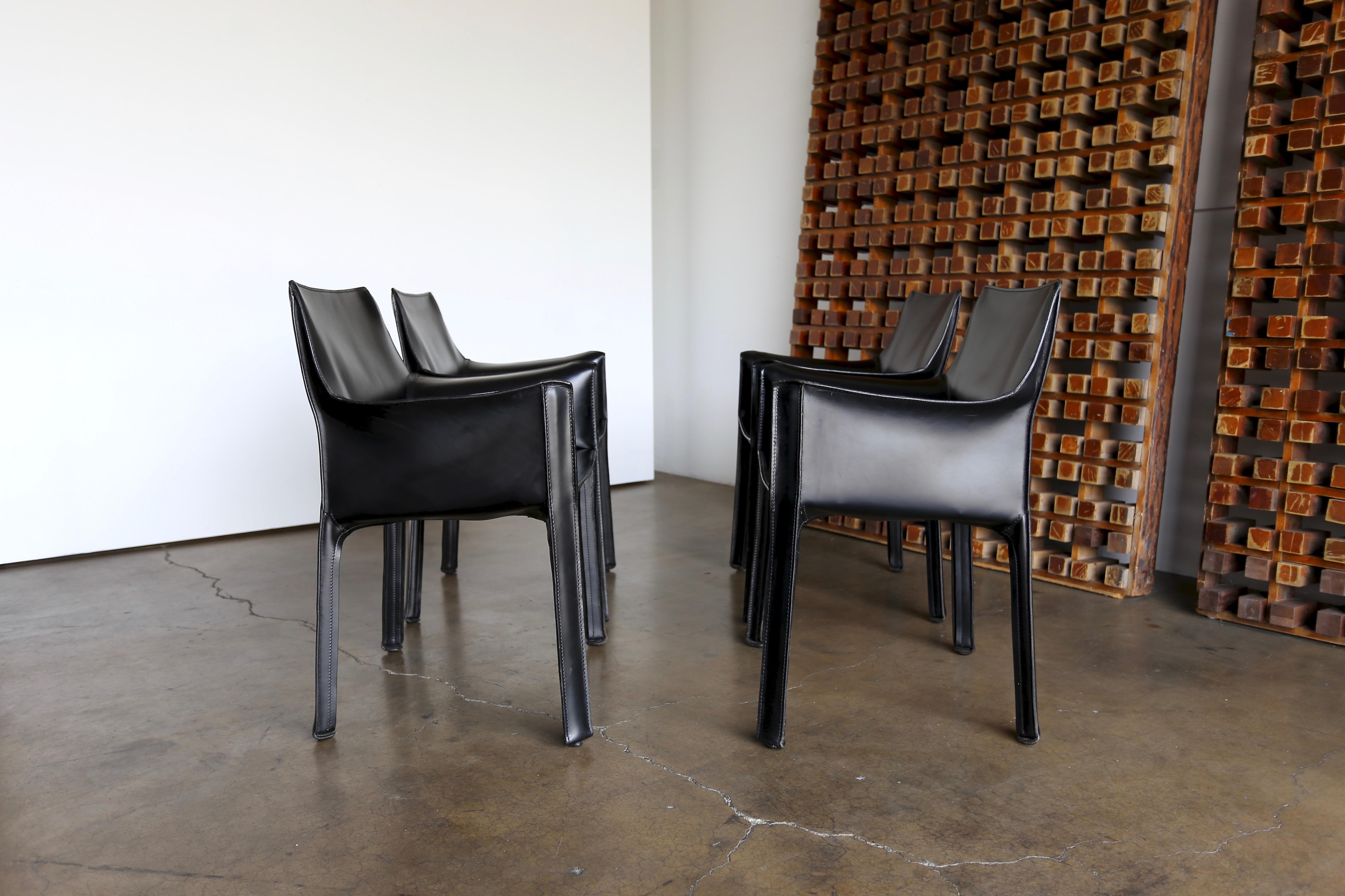 Set of Four Black Leather Cab Armchairs by Mario Bellini for Cassina 1