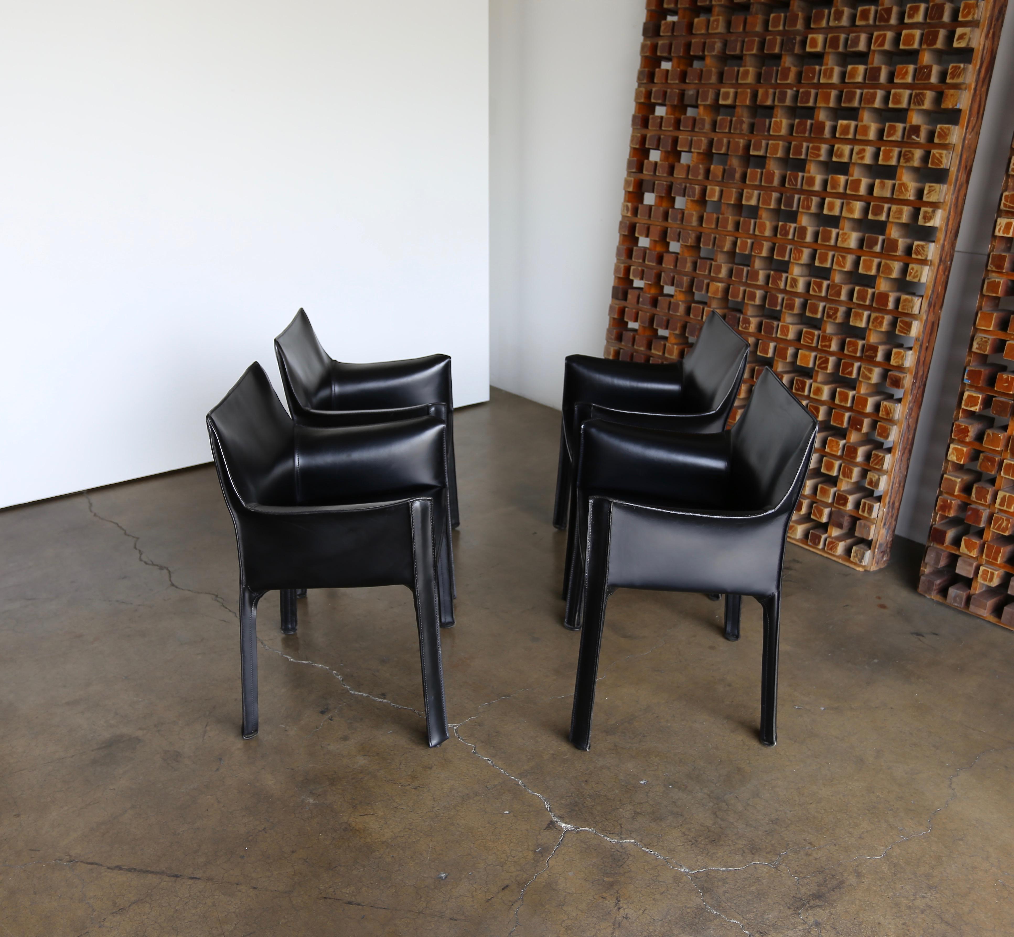 Set of Four Black Leather Cab Armchairs by Mario Bellini for Cassina 3