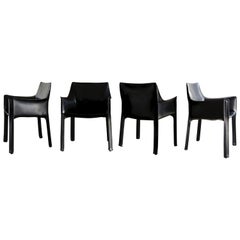 Set of Four Black Leather Cab Armchairs by Mario Bellini for Cassina