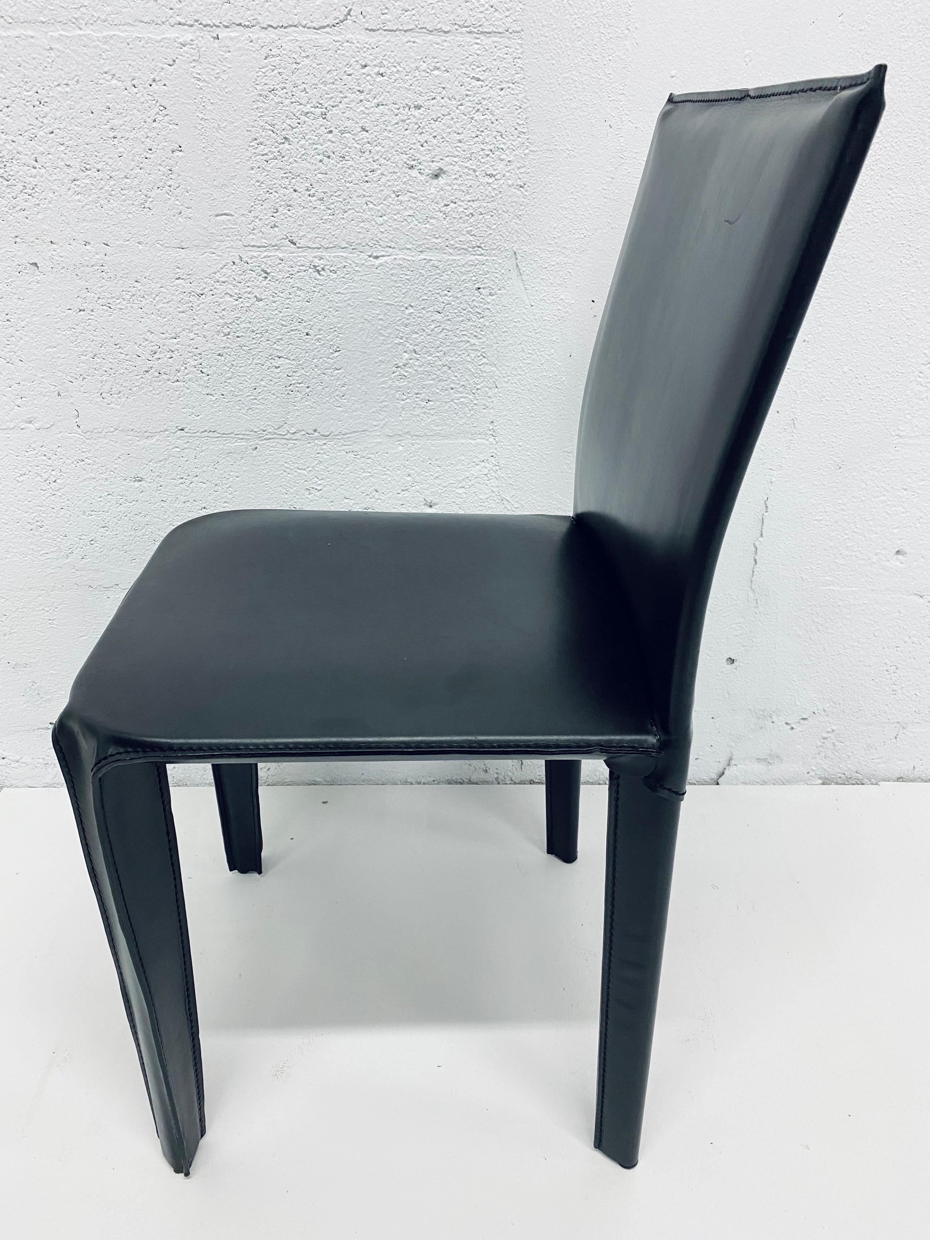Steel Set of Four Black Leather Dining Chairs by Arper, Italy