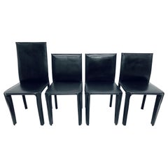 Set of Four Black Leather Dining Chairs by Arper, Italy