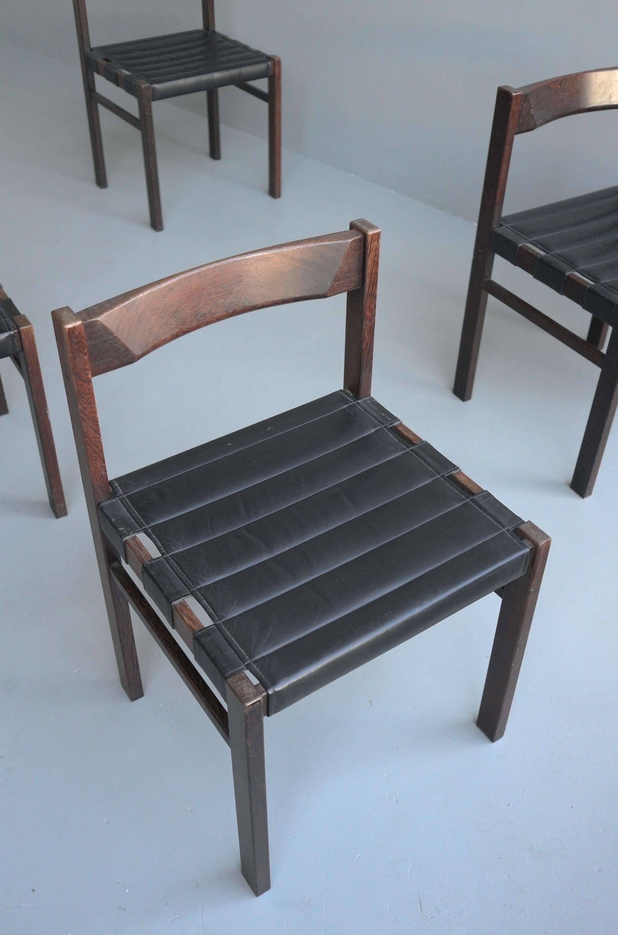 Mid-20th Century Set of Four Black Leather Midcentury 