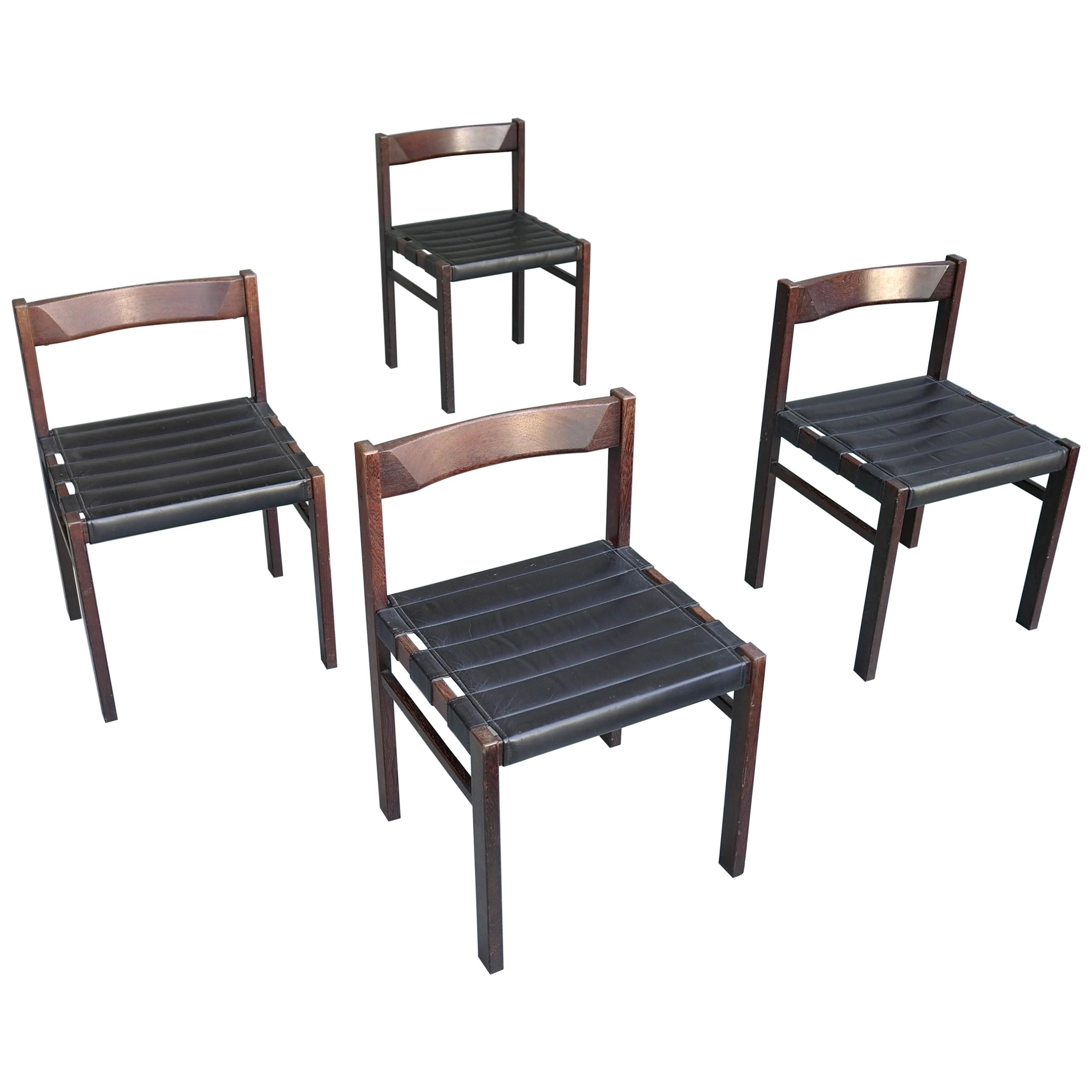 Set of Four Black Leather Midcentury "Brazilian" Chairs in Dark Wenge Wood For Sale