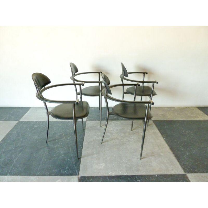 Four Stiletto chairs by Arrben made in Italy 1960s. The chairs are made of thick black leather and a dark chrome finish, all in good vintage condition.

Dimensions: 23