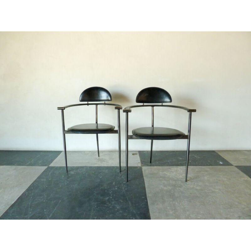 Italian Set of Four Black Leather Stiletto Chairs by Arrben with Dark Chrome Frame For Sale