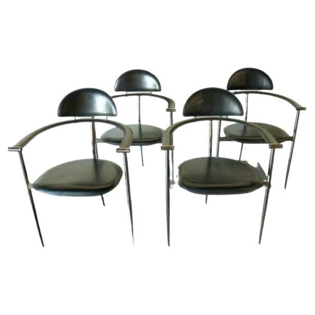 Set of Four Black Leather Stiletto Chairs by Arrben with Dark Chrome Frame For Sale