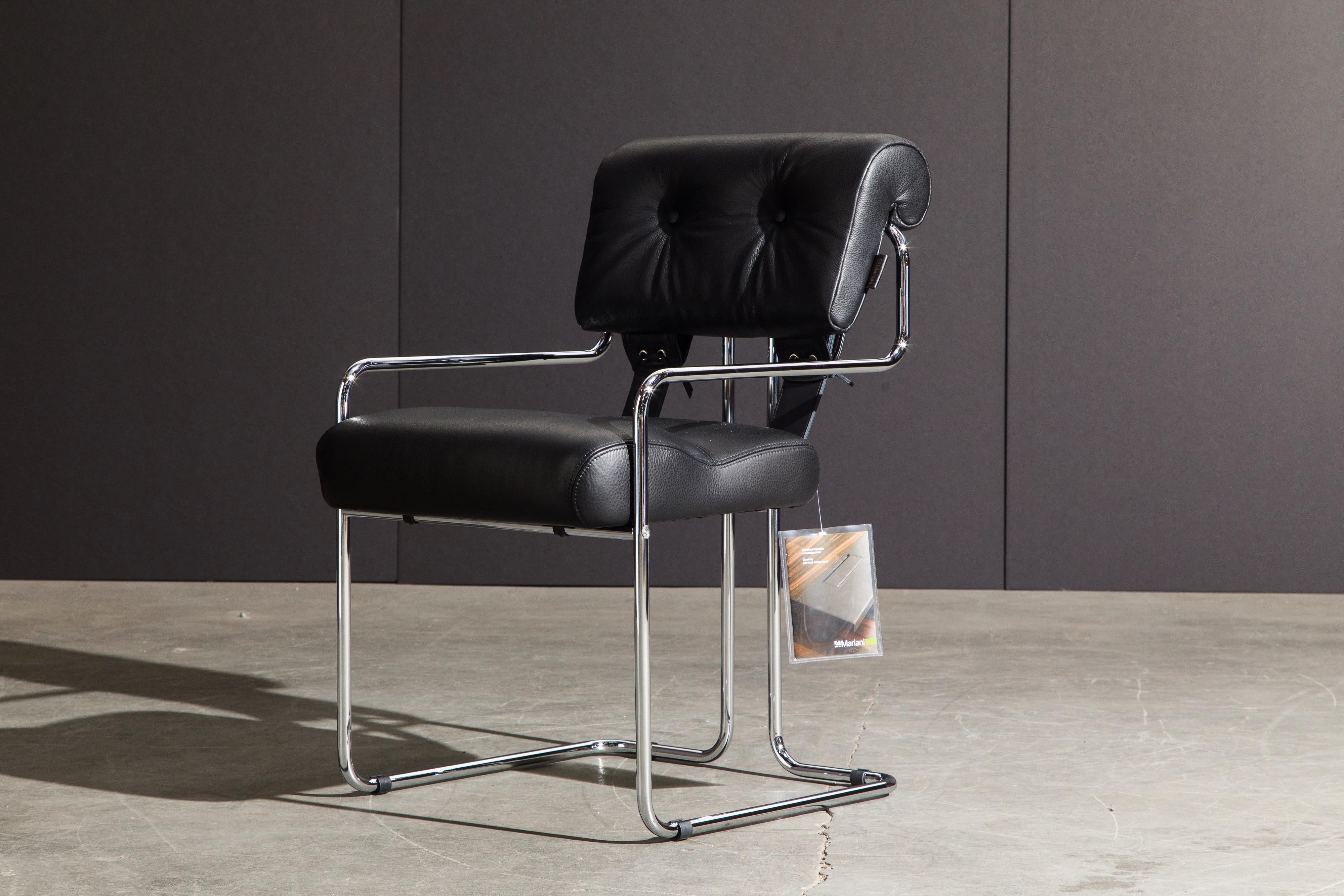 Currently, the most coveted dining chairs by interior designers are 'Tucroma' chairs by Guido Faleschini for i4 Mariani, and we have this incredible set of four (4) Tucroma armchairs in beautiful black leather with polished chrome frames. The seats