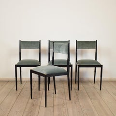 Set of Four Black Metal and Turquoise Velvet Midcentury Italian Dining Chairs