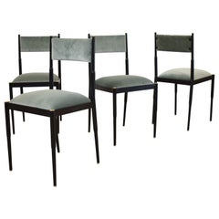 Set of Four Black Metal and Turquoise Velvet Midcentury Italian Dining Chairs