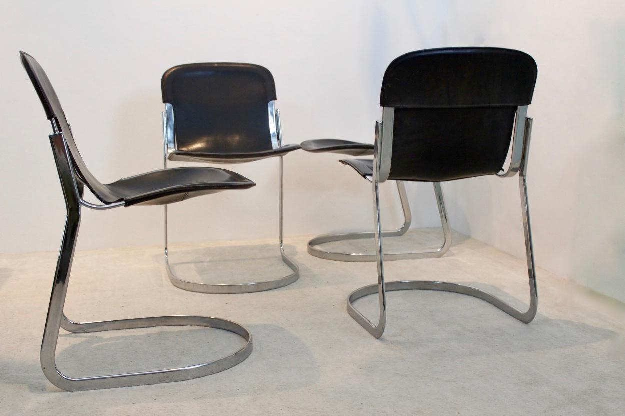 Mid-Century Modern Set of Four Black Saddle Leather Dining Chairs by Willy Rizzo for Cidue, Italy