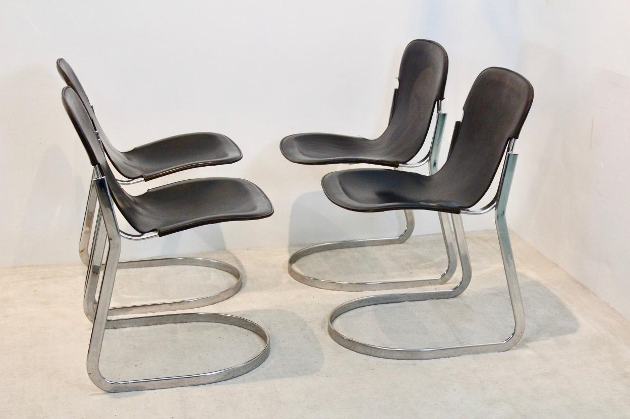 Set of Four Black Saddle Leather Dining Chairs by Willy Rizzo for Cidue, Italy In Good Condition In Voorburg, NL