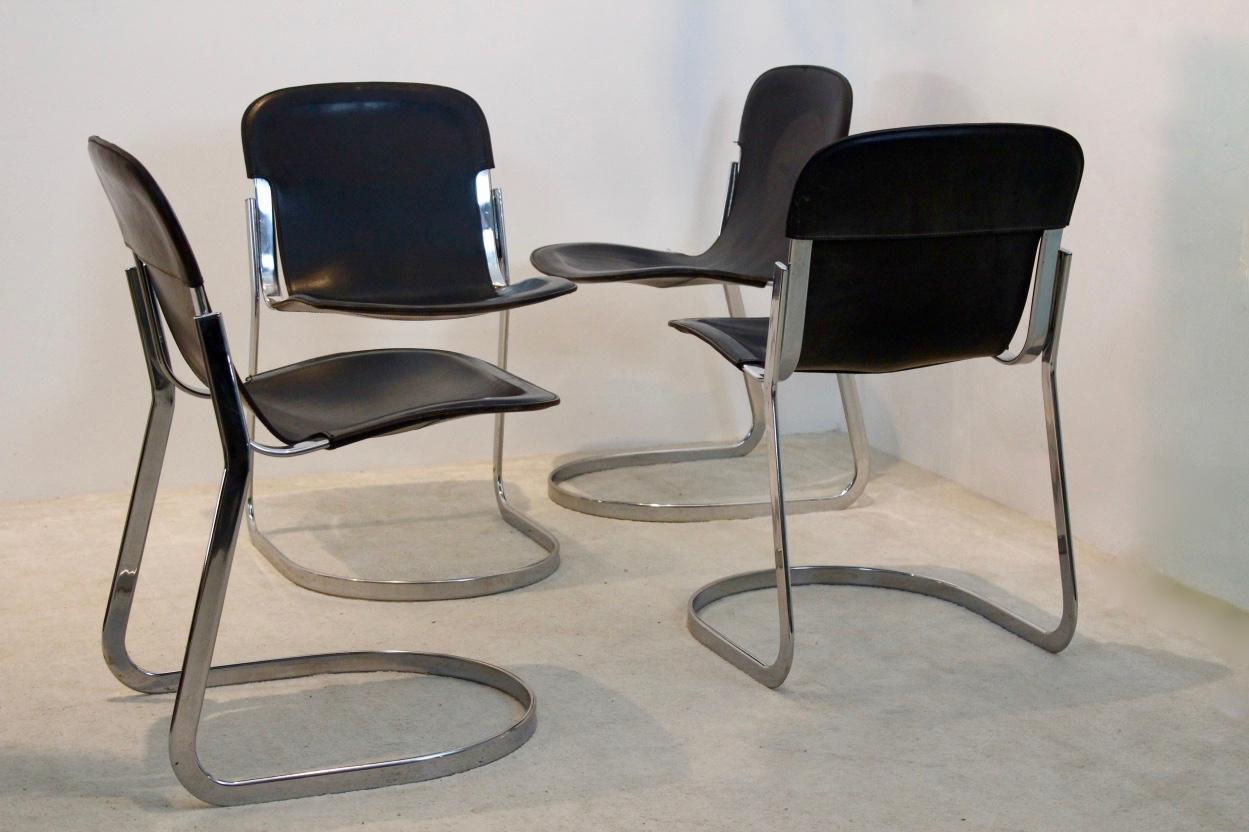 20th Century Set of Four Black Saddle Leather Dining Chairs by Willy Rizzo for Cidue, Italy