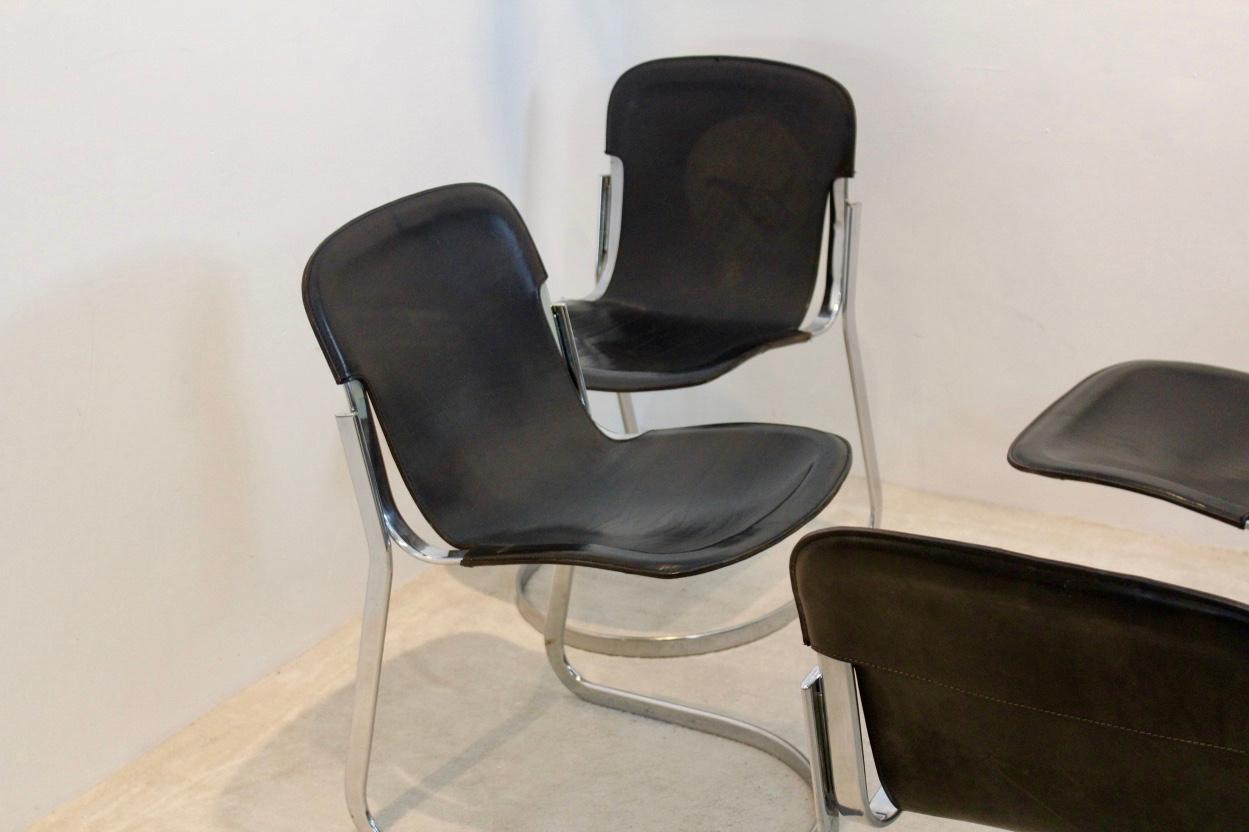 Set of Four Black Saddle Leather Dining Chairs by Willy Rizzo for Cidue, Italy 2