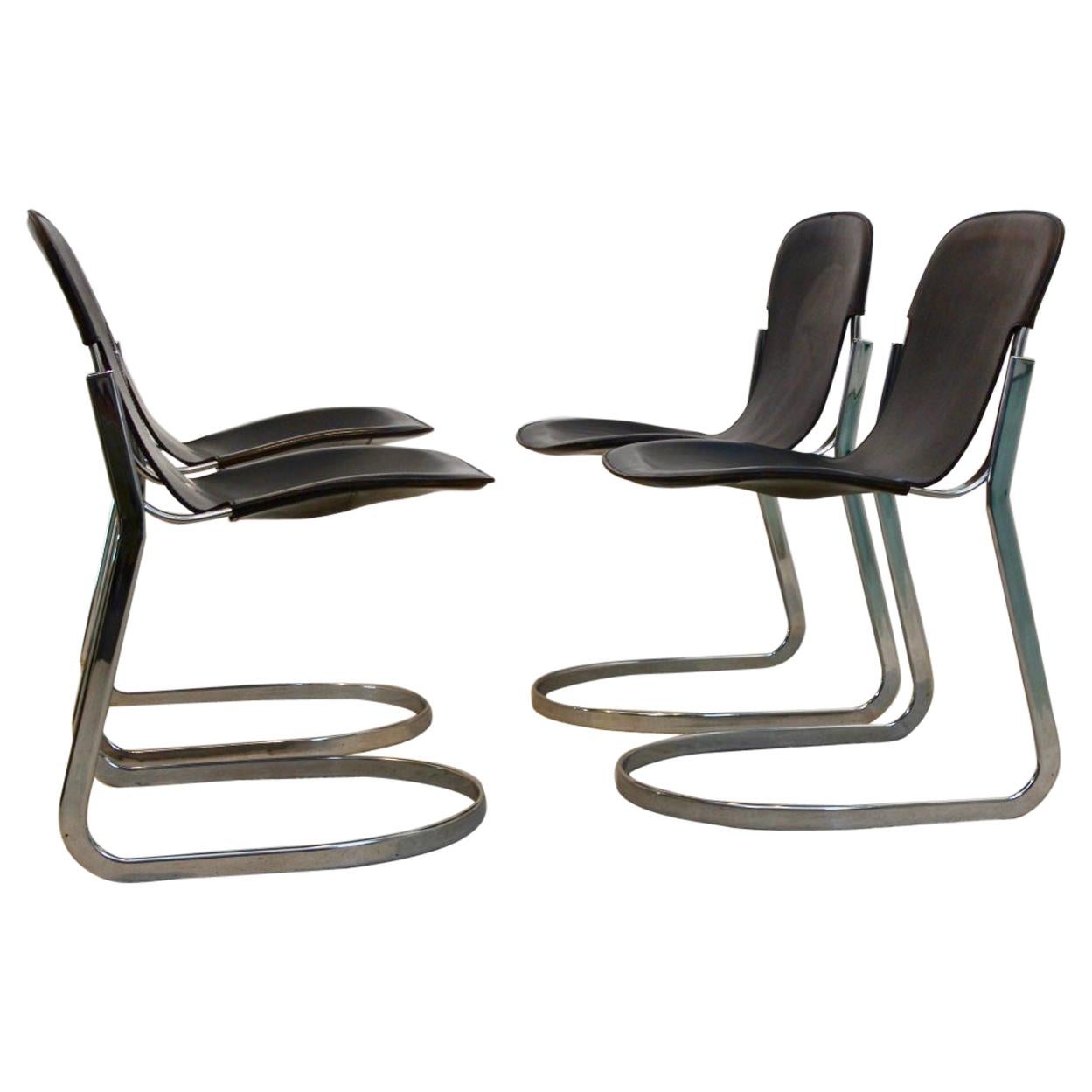 Set of Four Black Saddle Leather Dining Chairs by Willy Rizzo for Cidue, Italy