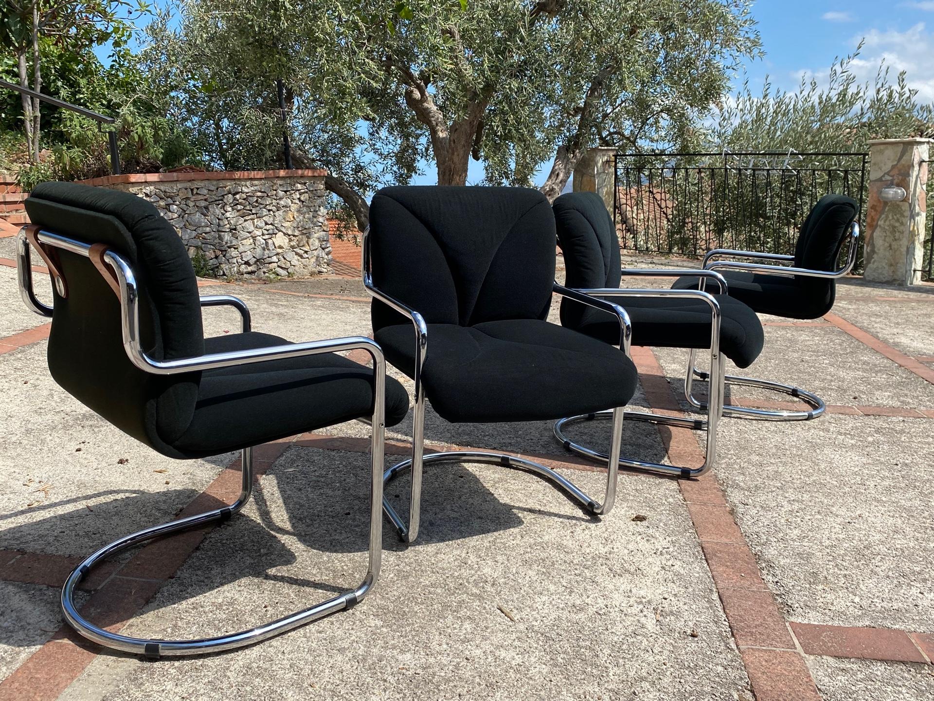 Space Age Set of Four Black Velvet Chairs by Guido Faleschini for Hermès 1970s