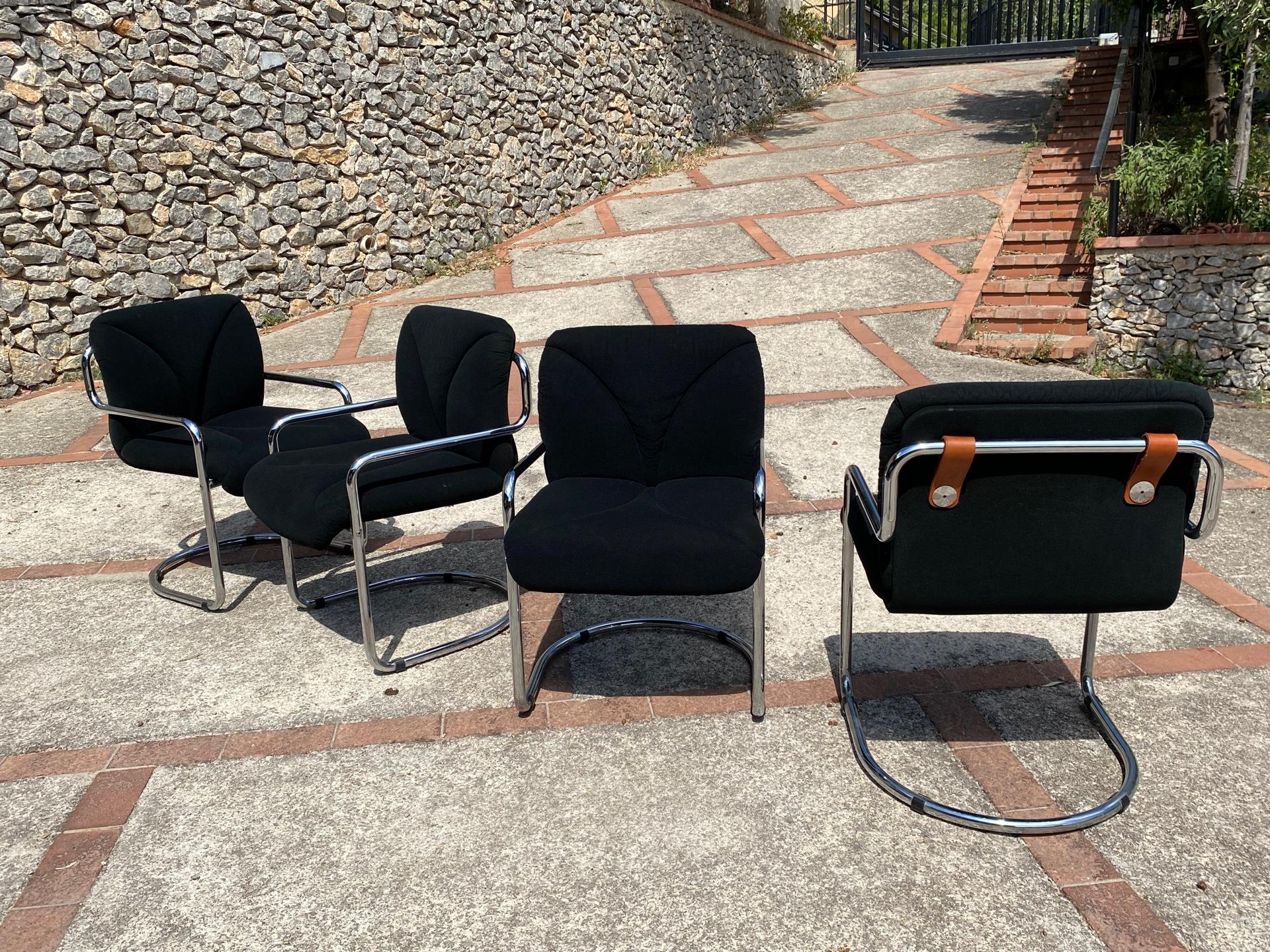 Italian Set of Four Black Velvet Chairs by Guido Faleschini for Hermès 1970s